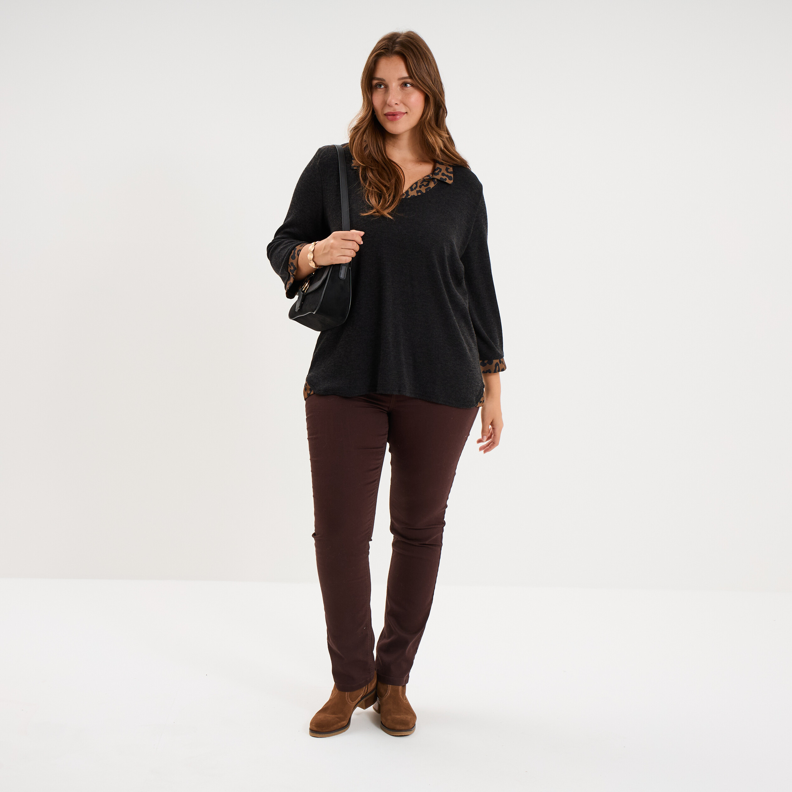 Pull effet 2-en-1 avec manches 3/4 vert kaki femme grande taille