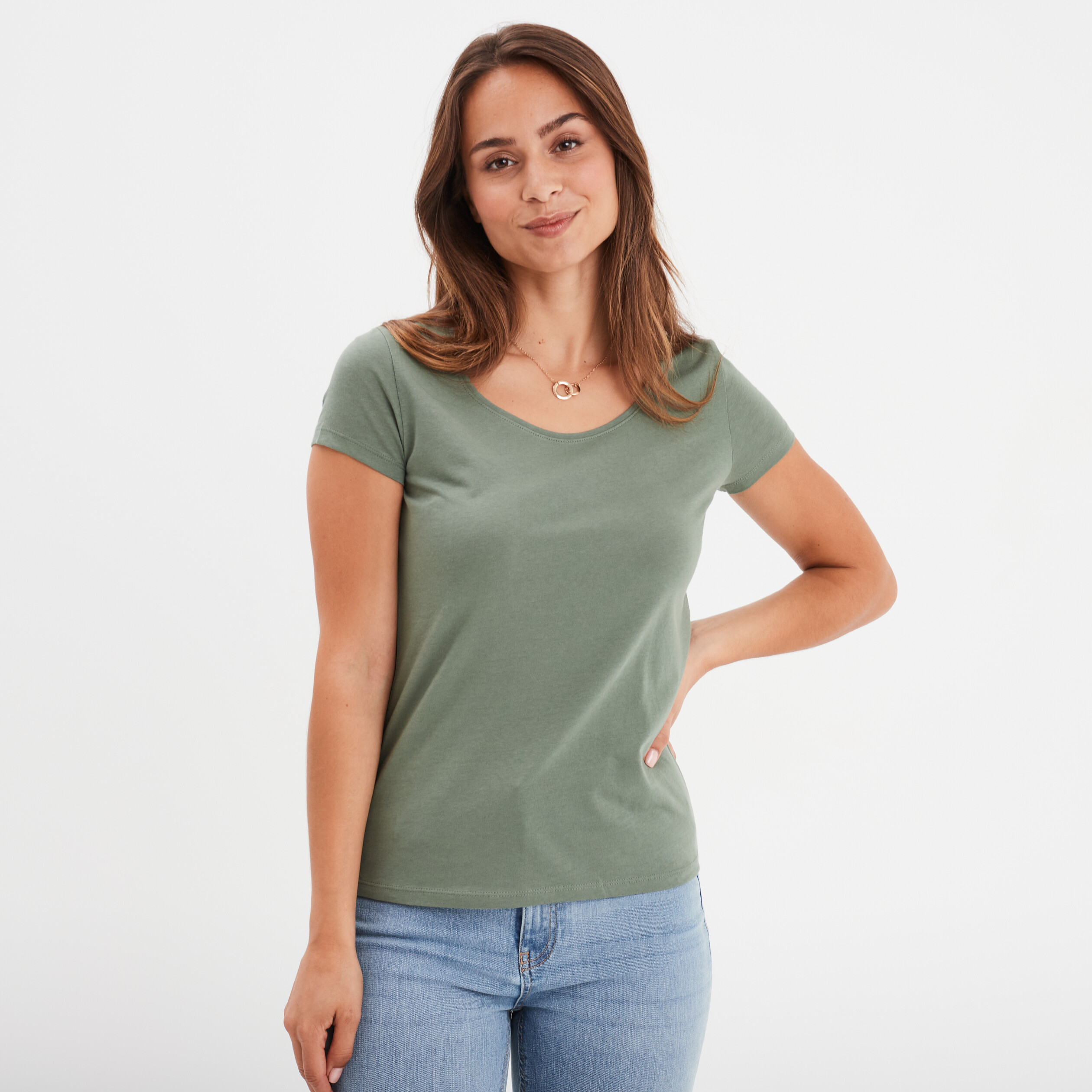 T shirt coton col rond manches courtes vert kaki femme