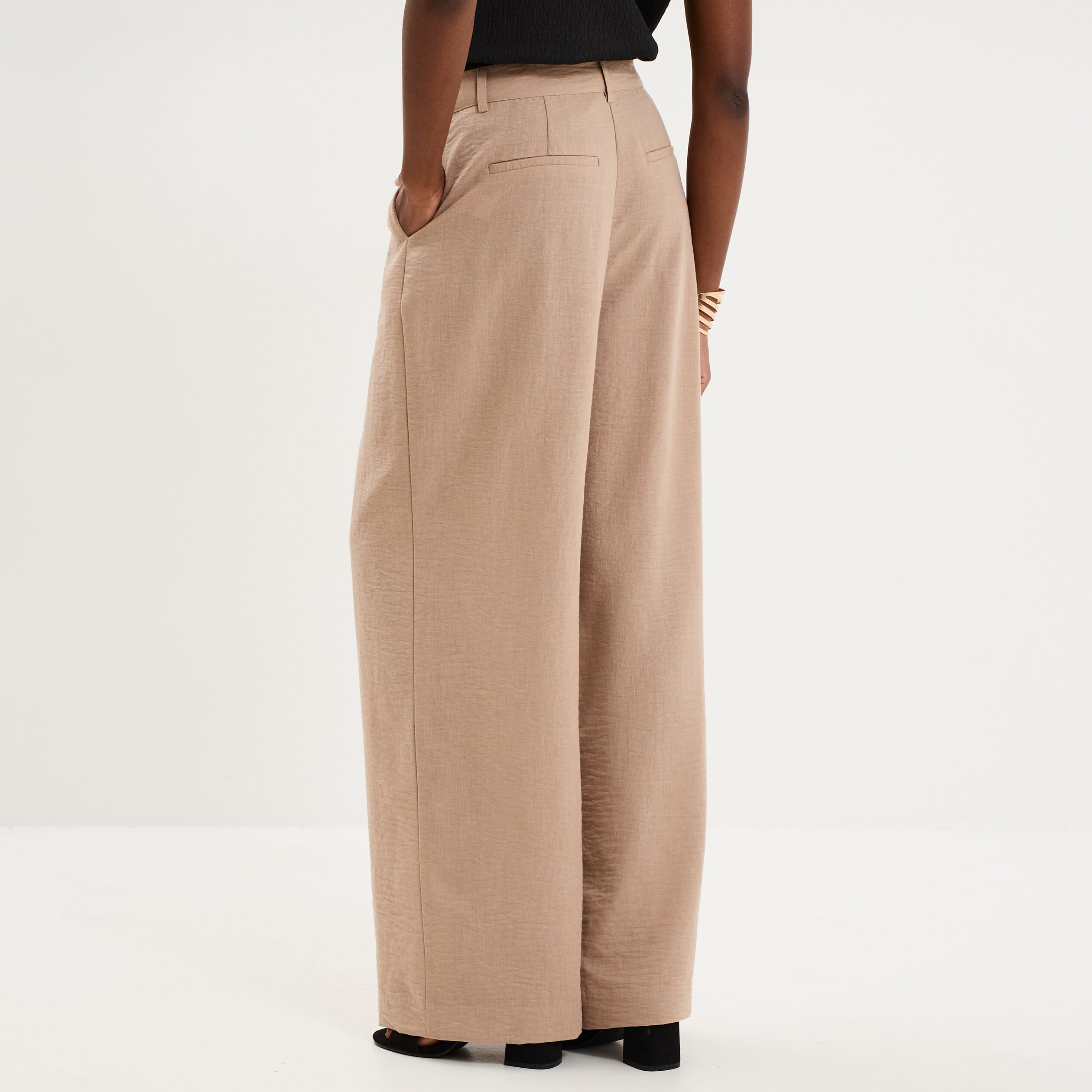 Pantalon large &agrave; pinces taille haute marron femme