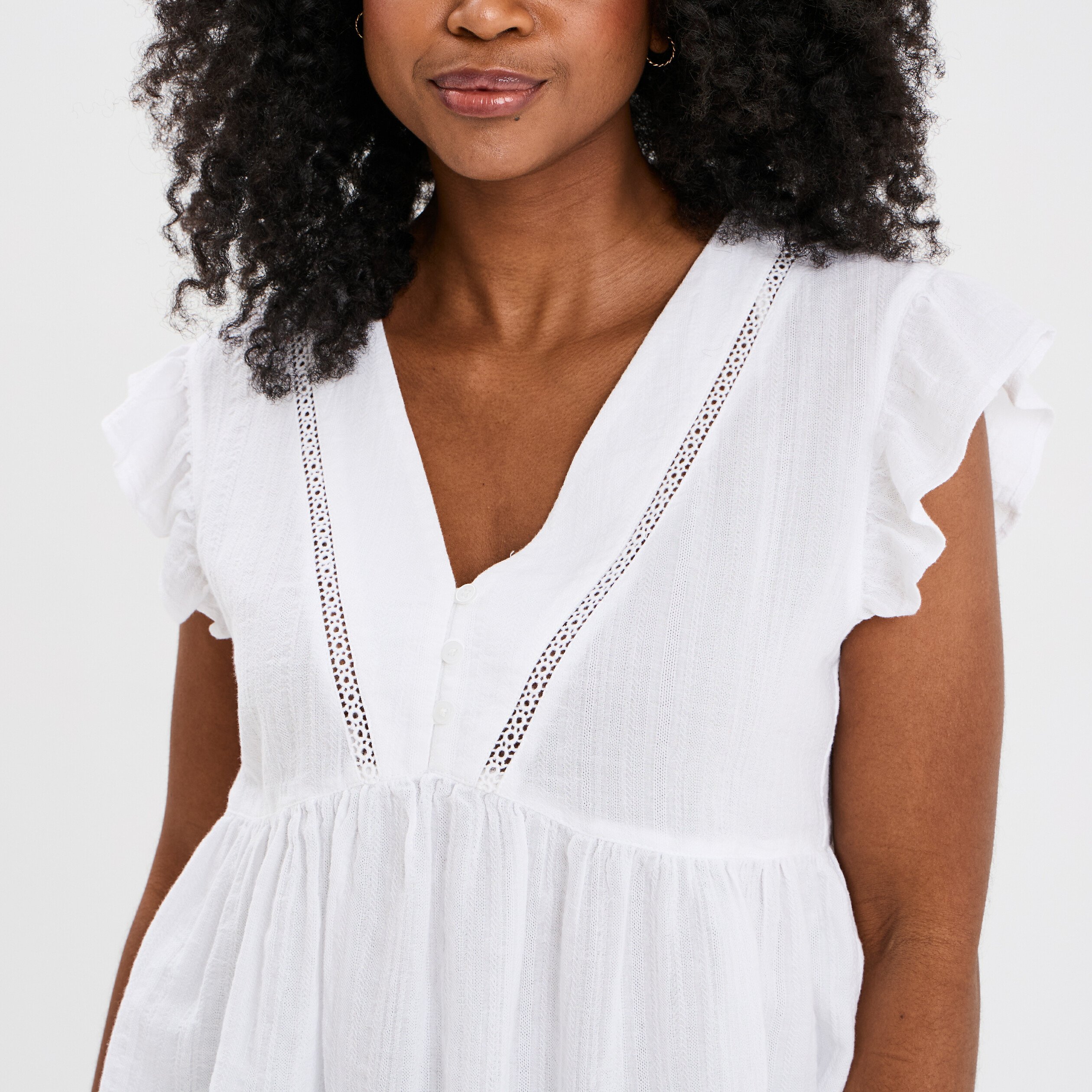 blouse manches volants col en v coton blanc femme Blouse manches volants col en V coton blanc femme