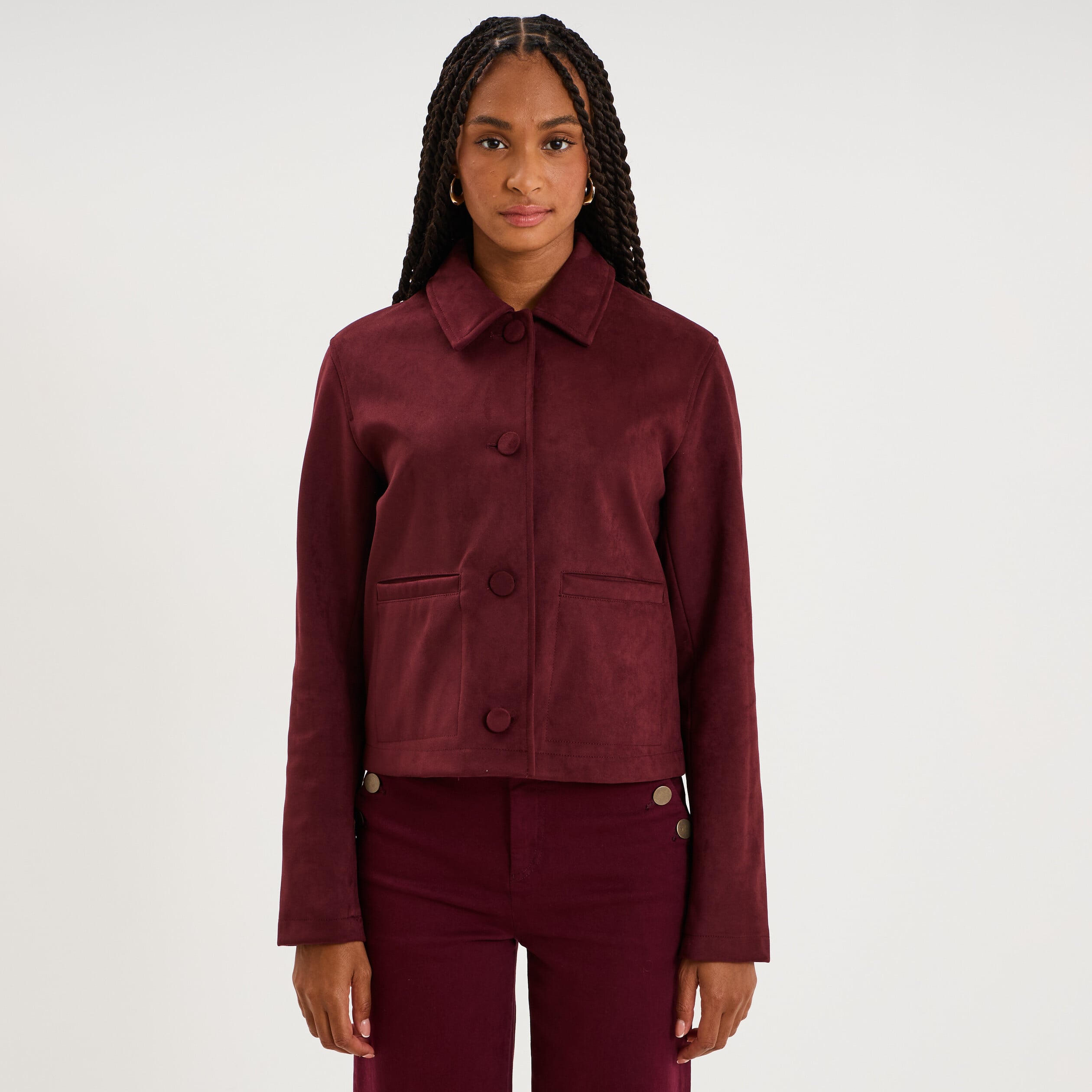 Veste paletot en su&eacute;dine boutonn&eacute;e violet fonc&eacute; femme