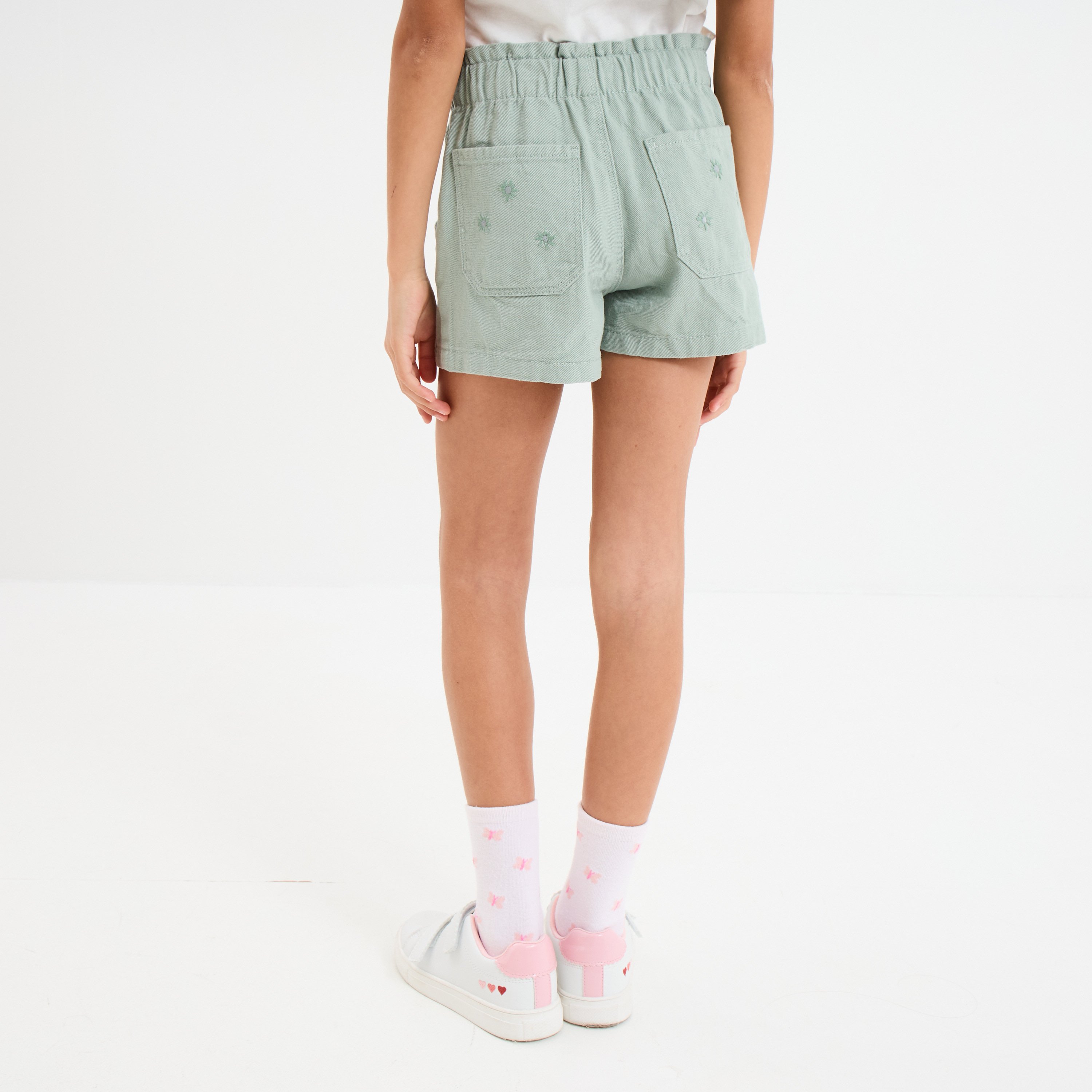 short brode taille elastiquee coton vert kaki fille Short brodé taille élastiquée coton vert kaki fille