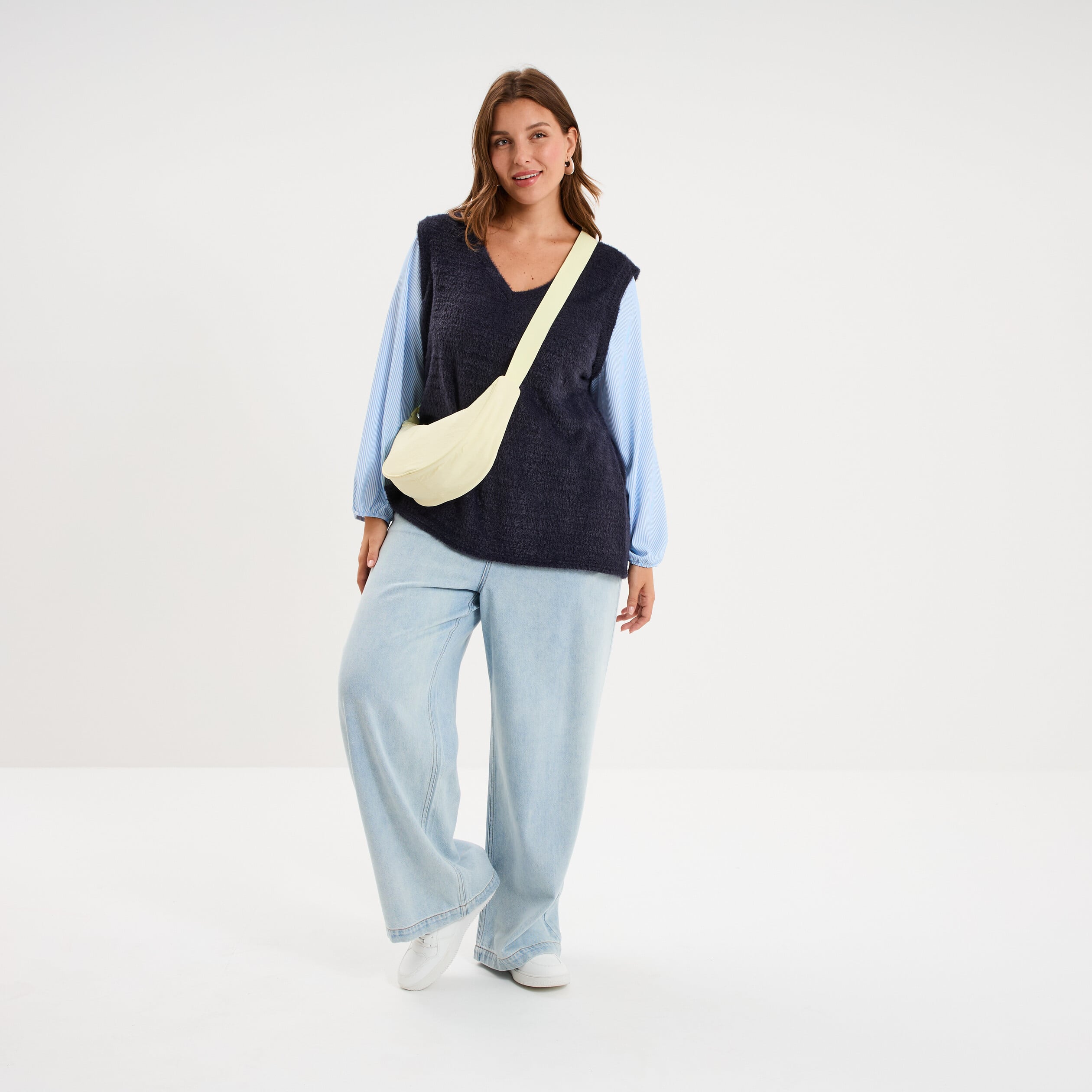 Pull effet 2-en-1 droit manches longues bleu marine femme grande taille