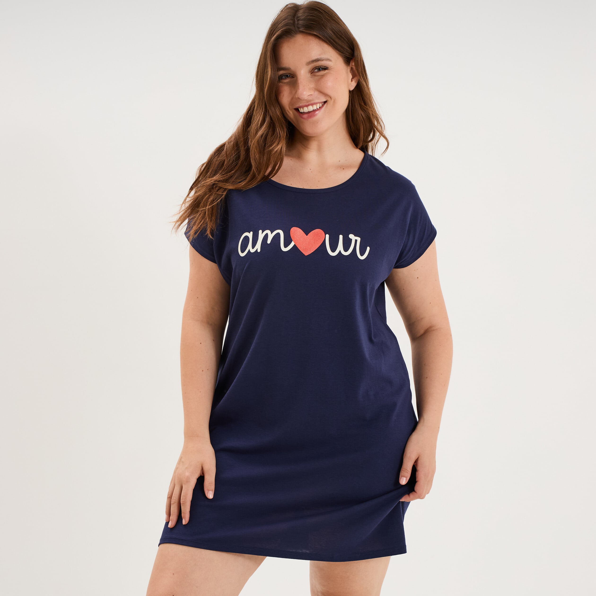 Chemise de nuit manches courtes coton bleu marine femme grande taille