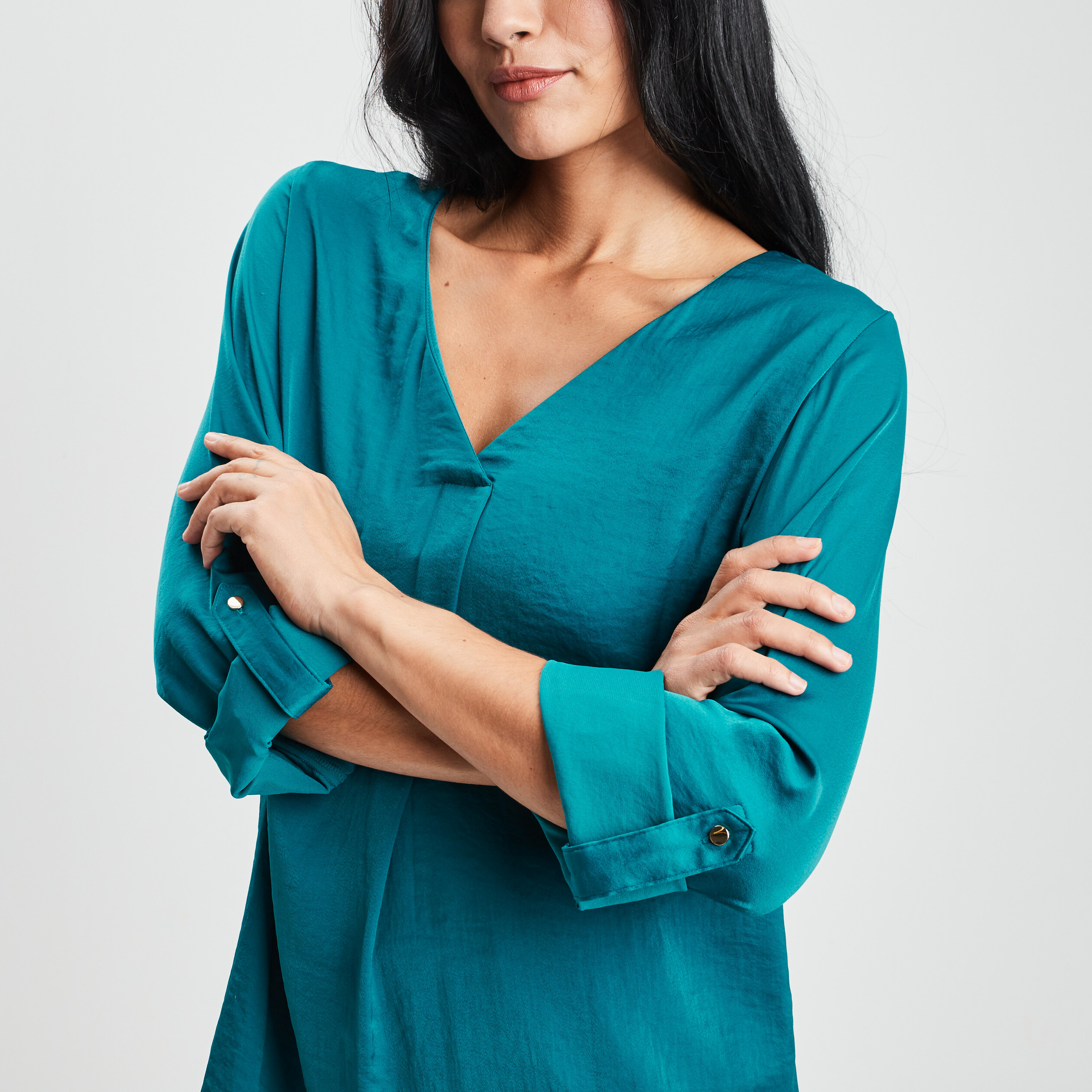blouse a revers manches 34 bleu canard femme Blouse à revers manches 3/4 bleu canard femme