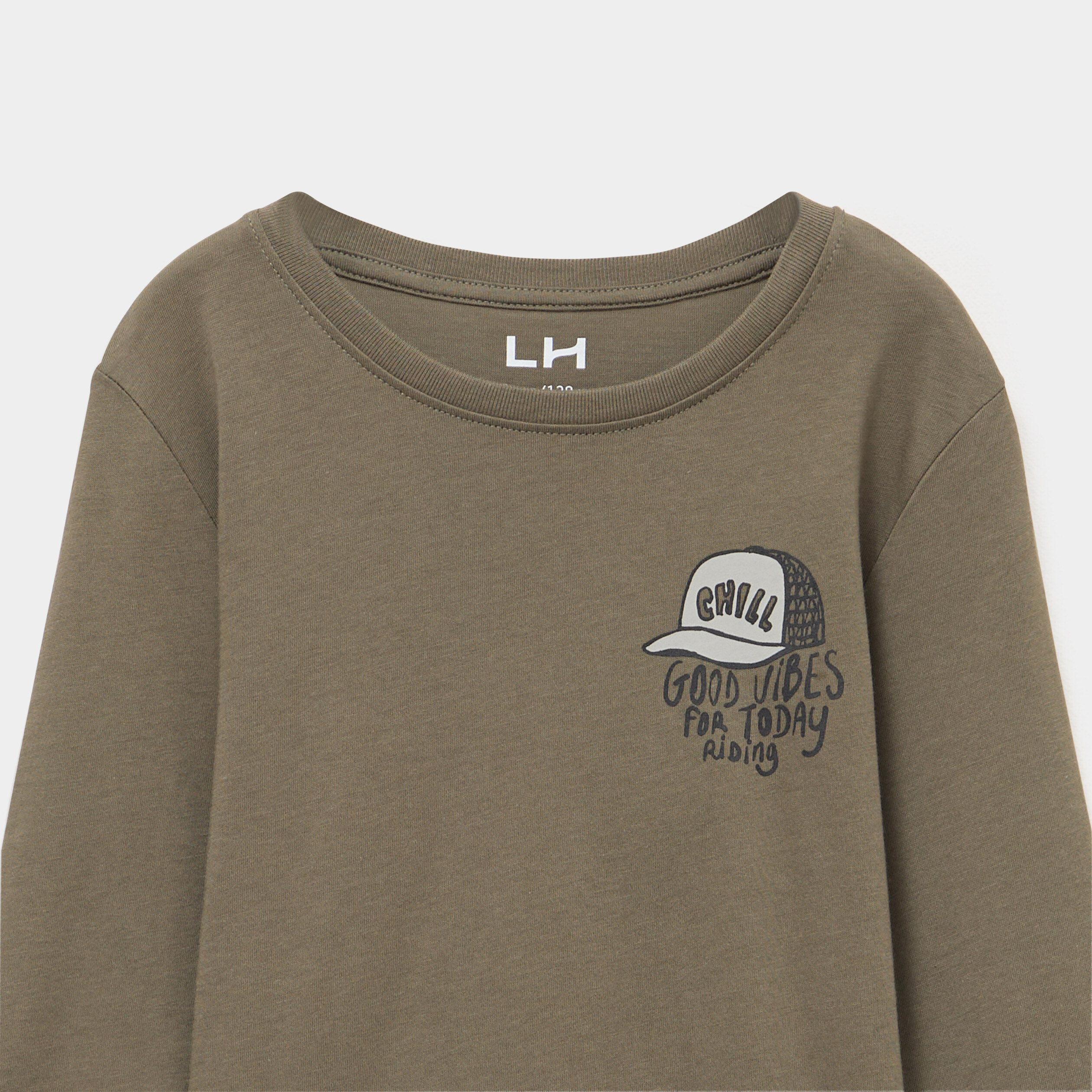 T-shirt col rond manches longues coton vert kaki gar&ccedil;on