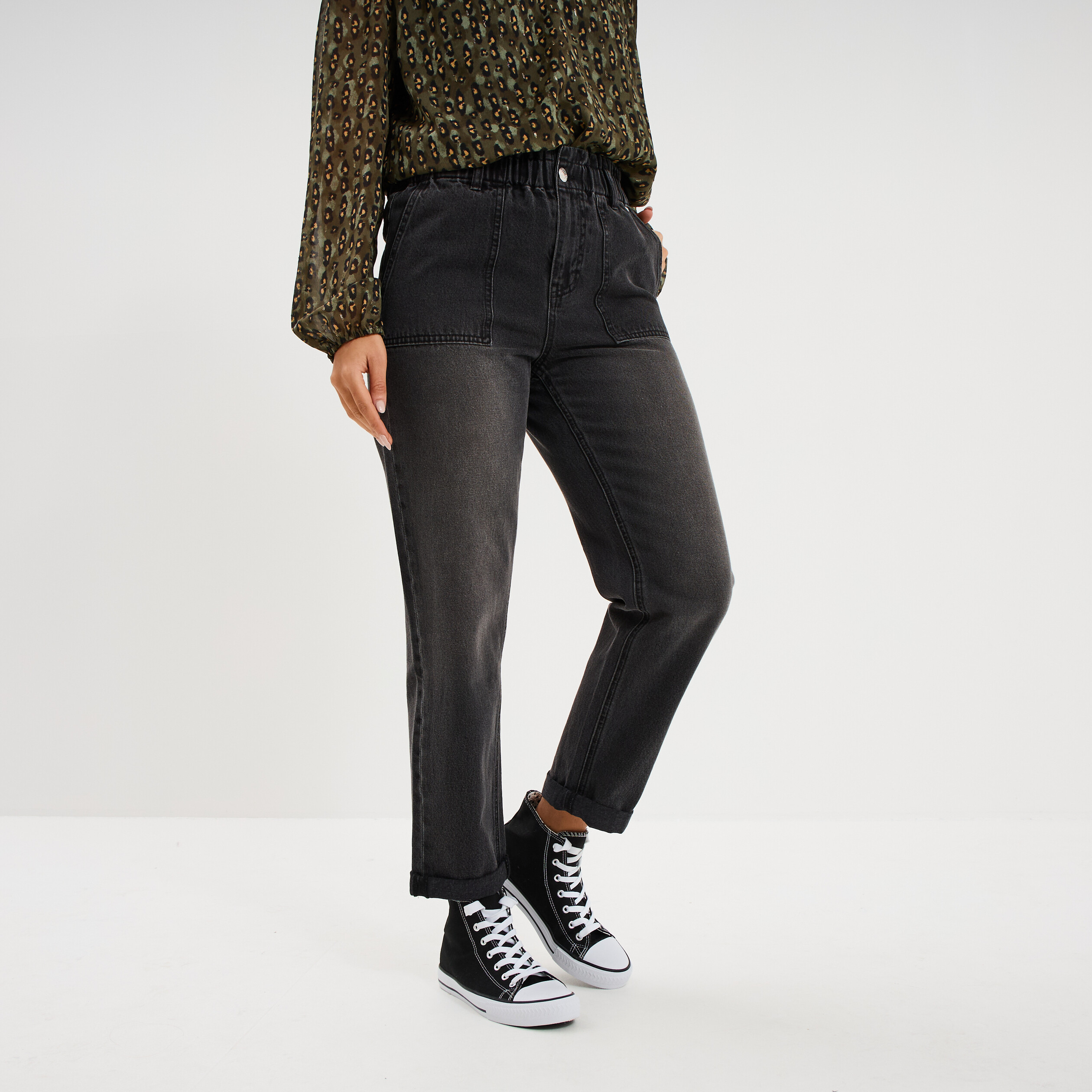 Jean paperbag cropped taille &eacute;lastiqu&eacute;e denim noir femme