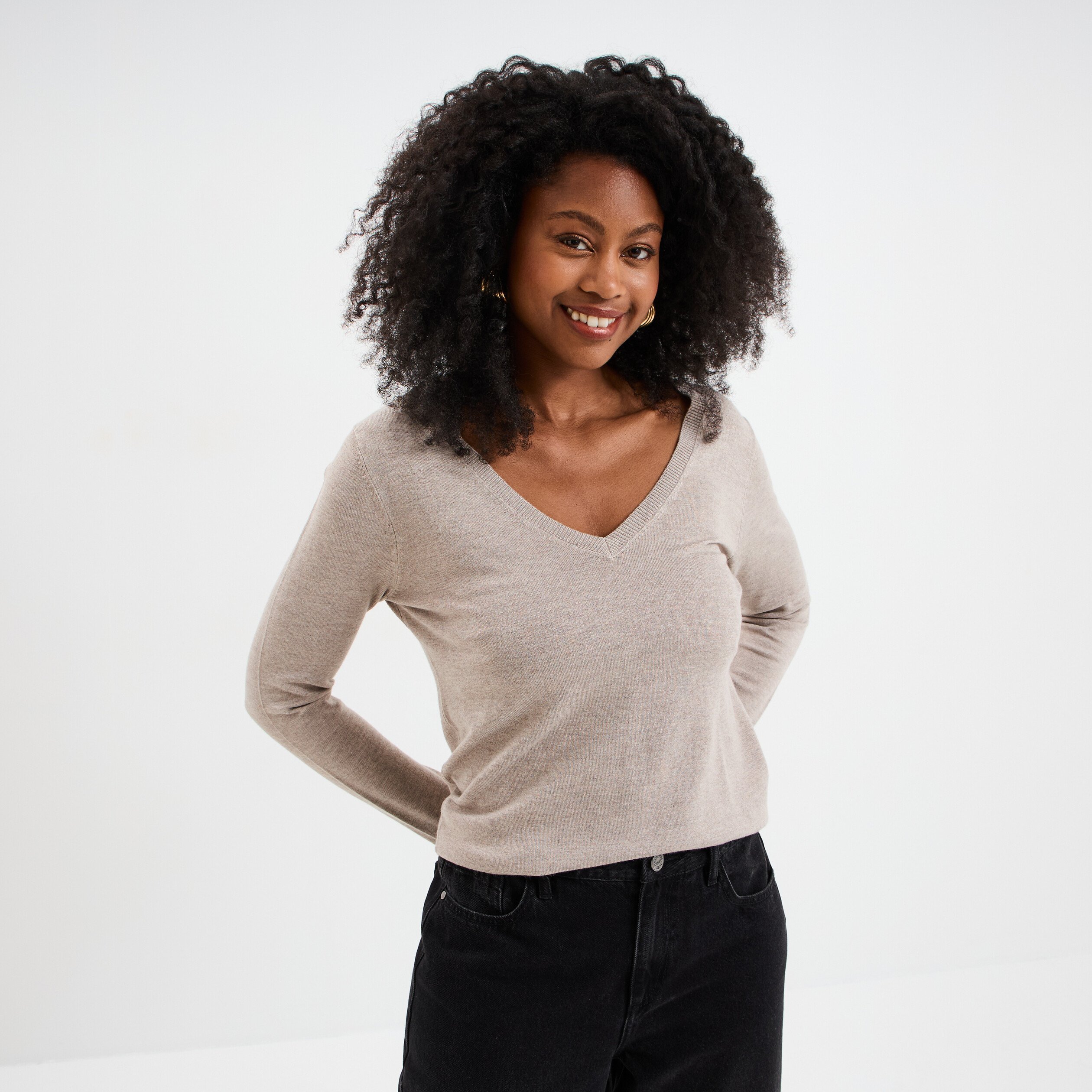 pull col en v manches longues beige femme Pull col en V manches longues beige femme