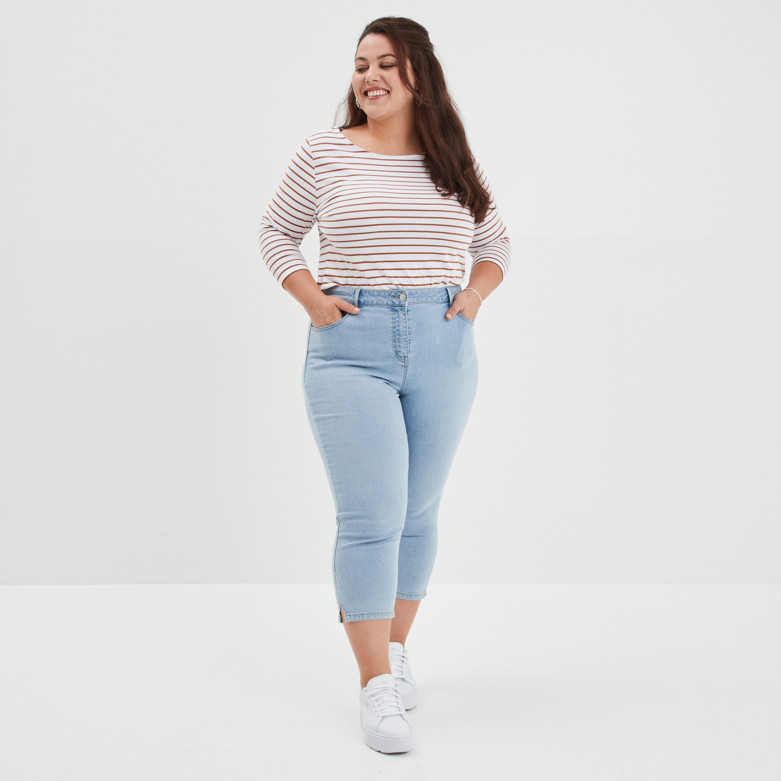 T shirt marini re col rond manches 3 4 ecru femme grande taille