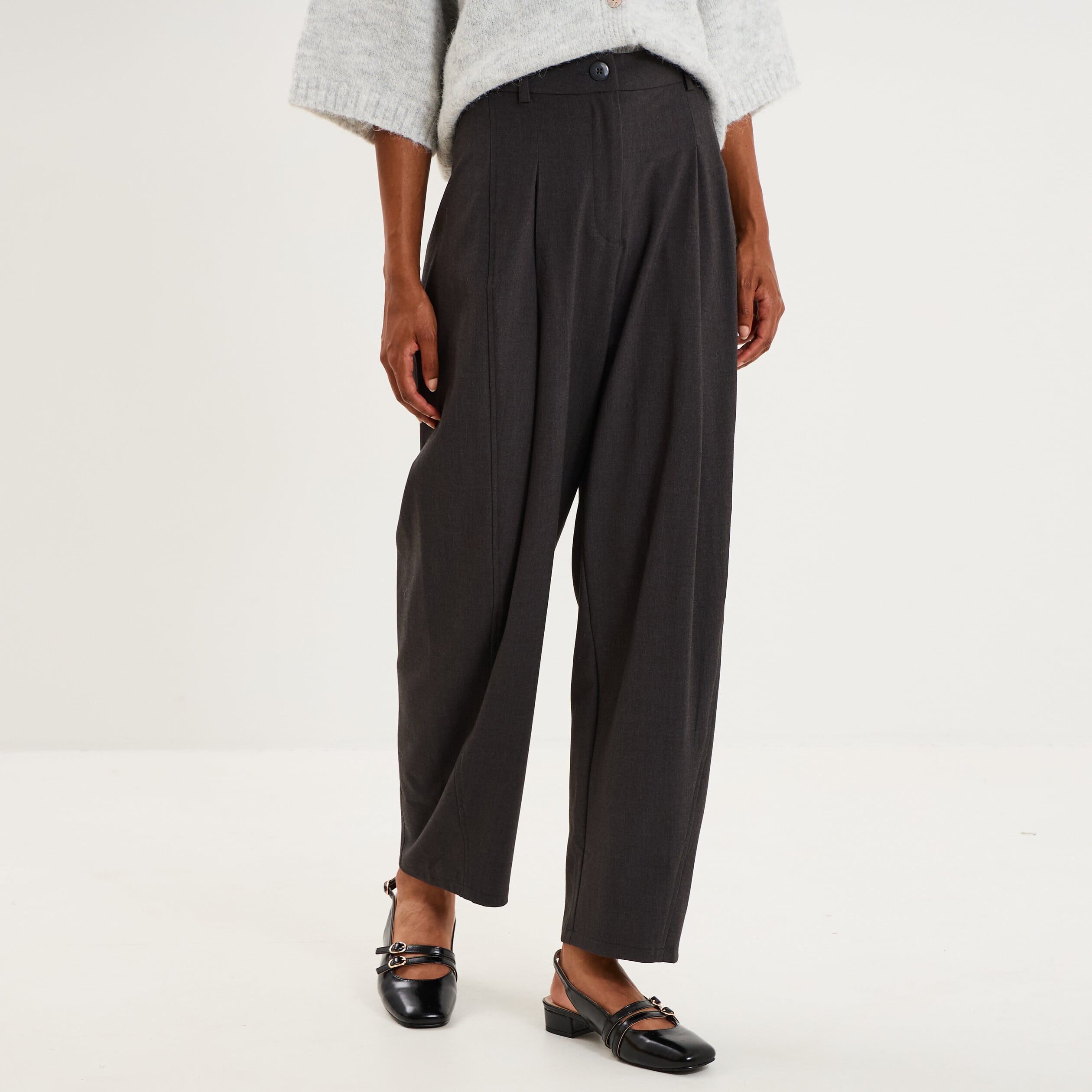 Pantalon ballon taille haute &agrave; pinces gris fonc&eacute; femme