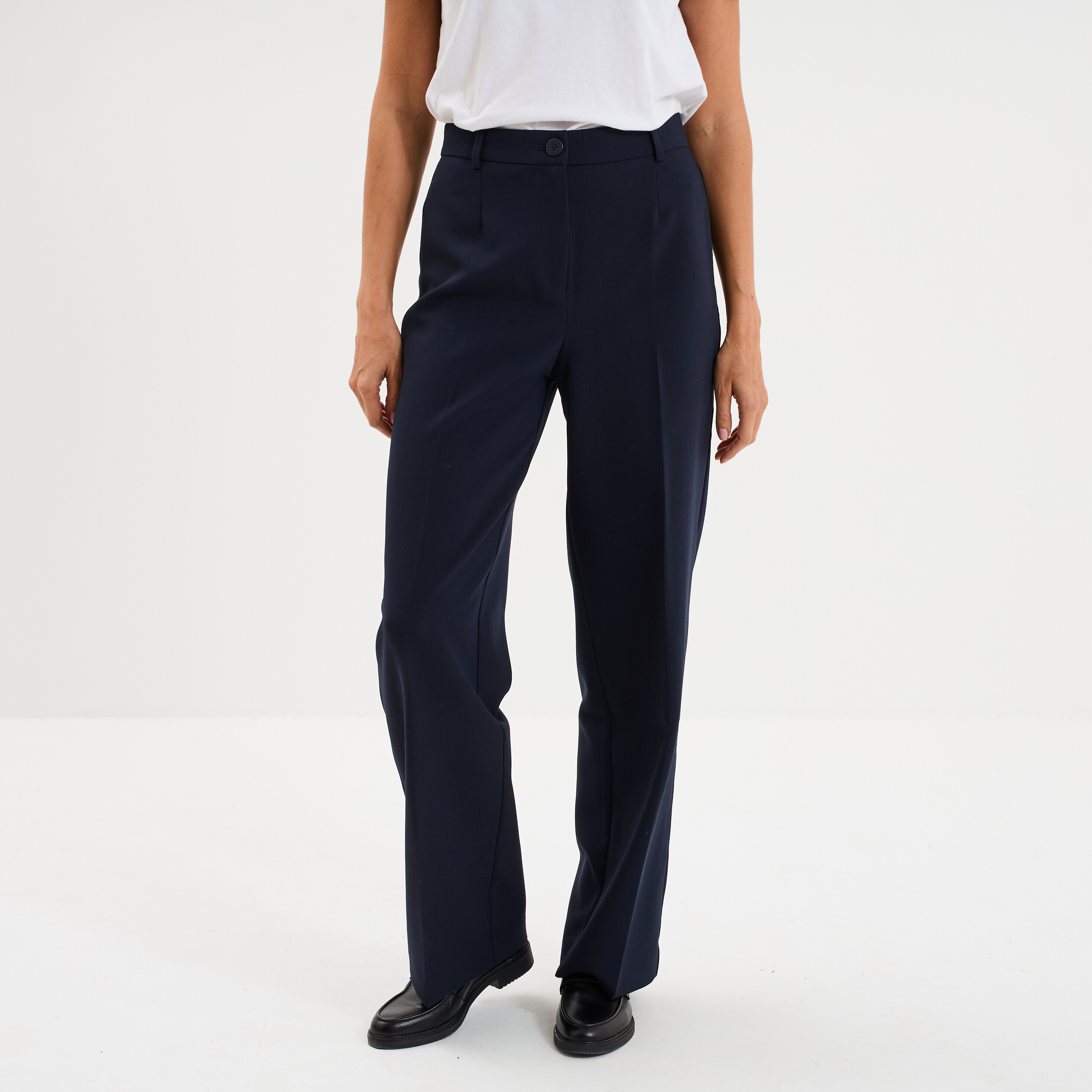 Pantalon taille haute droit avec pinces bleu fonc&eacute; femme