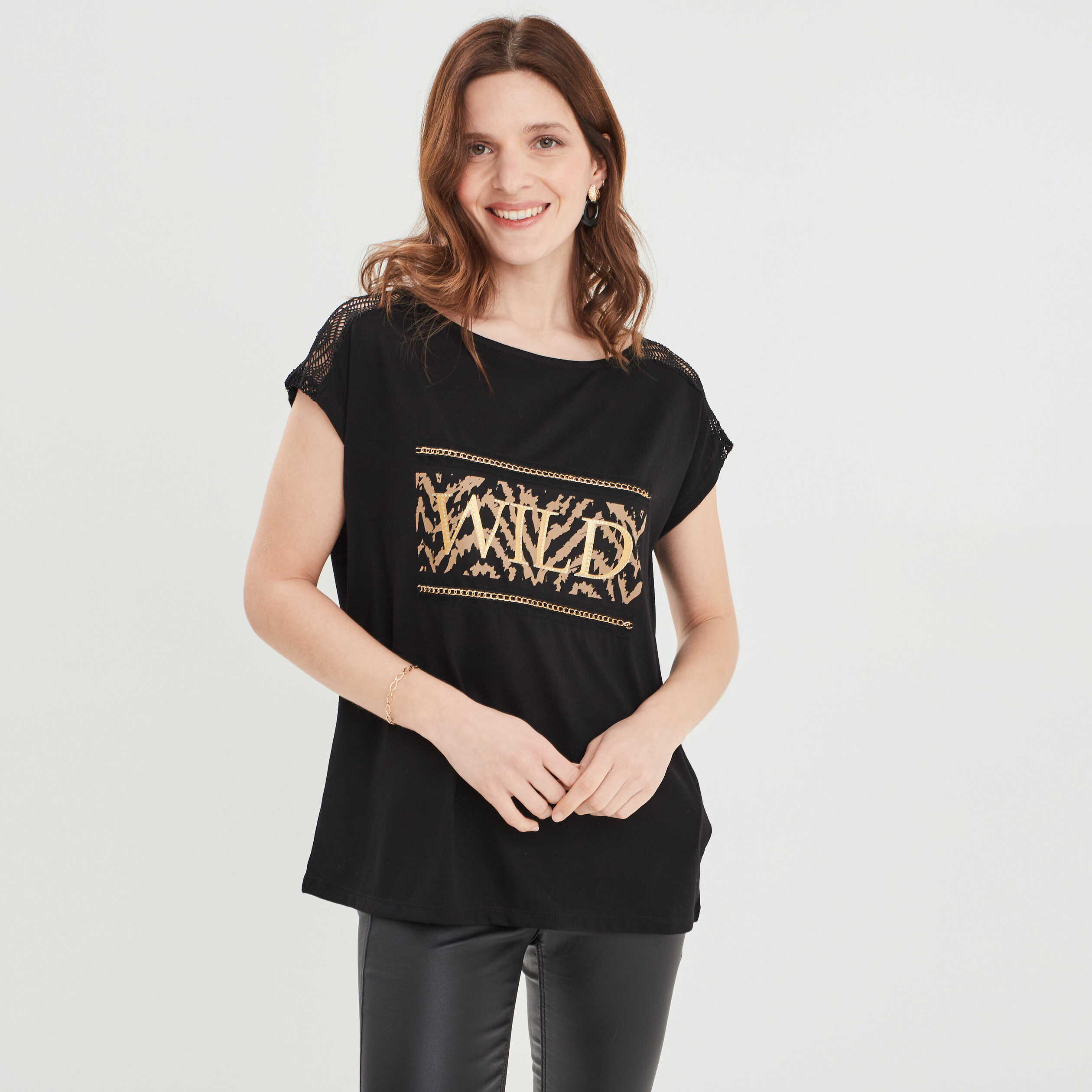 T-shirt manches courtes détails dentelle noir femme