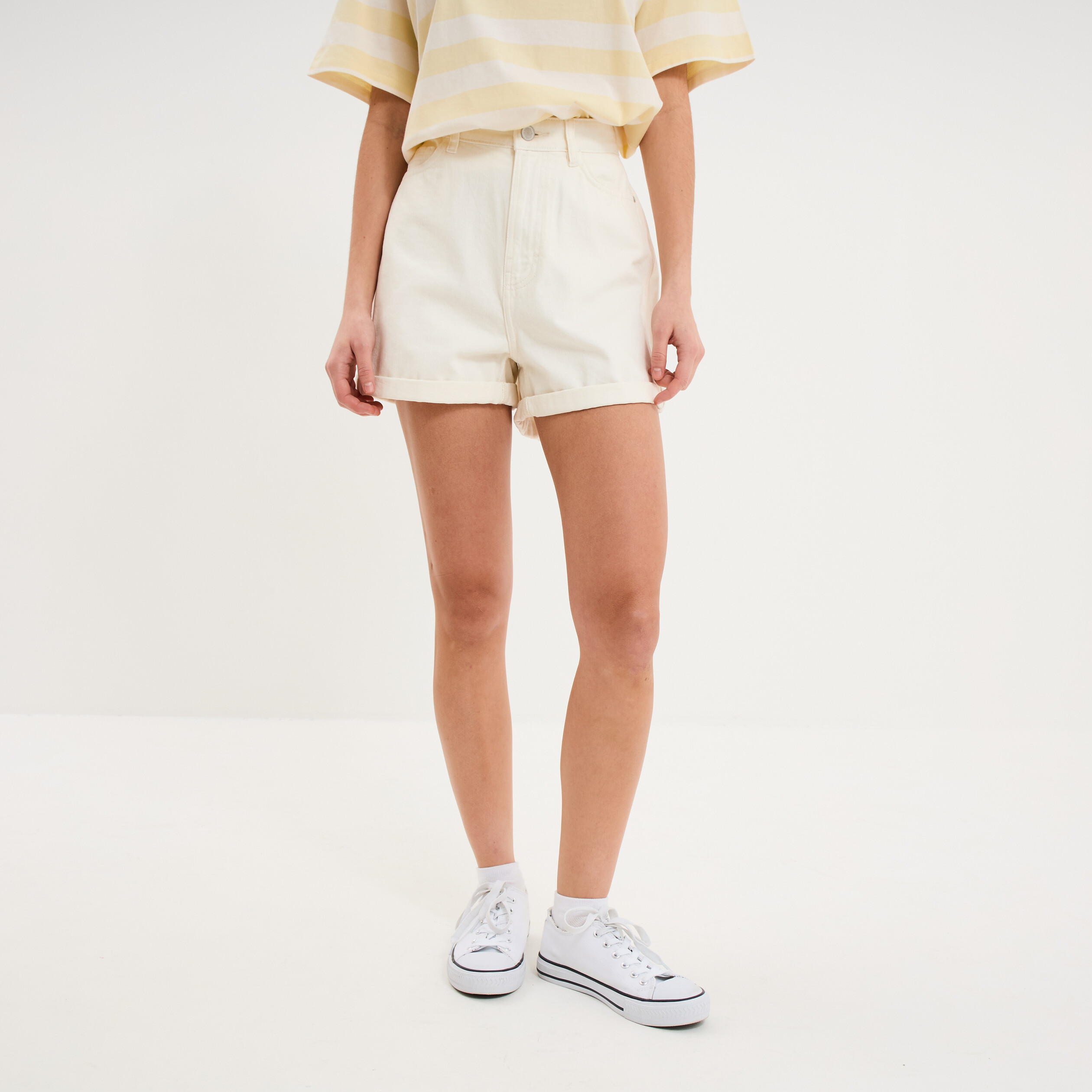 Short mom 5 poches coton ecru femme