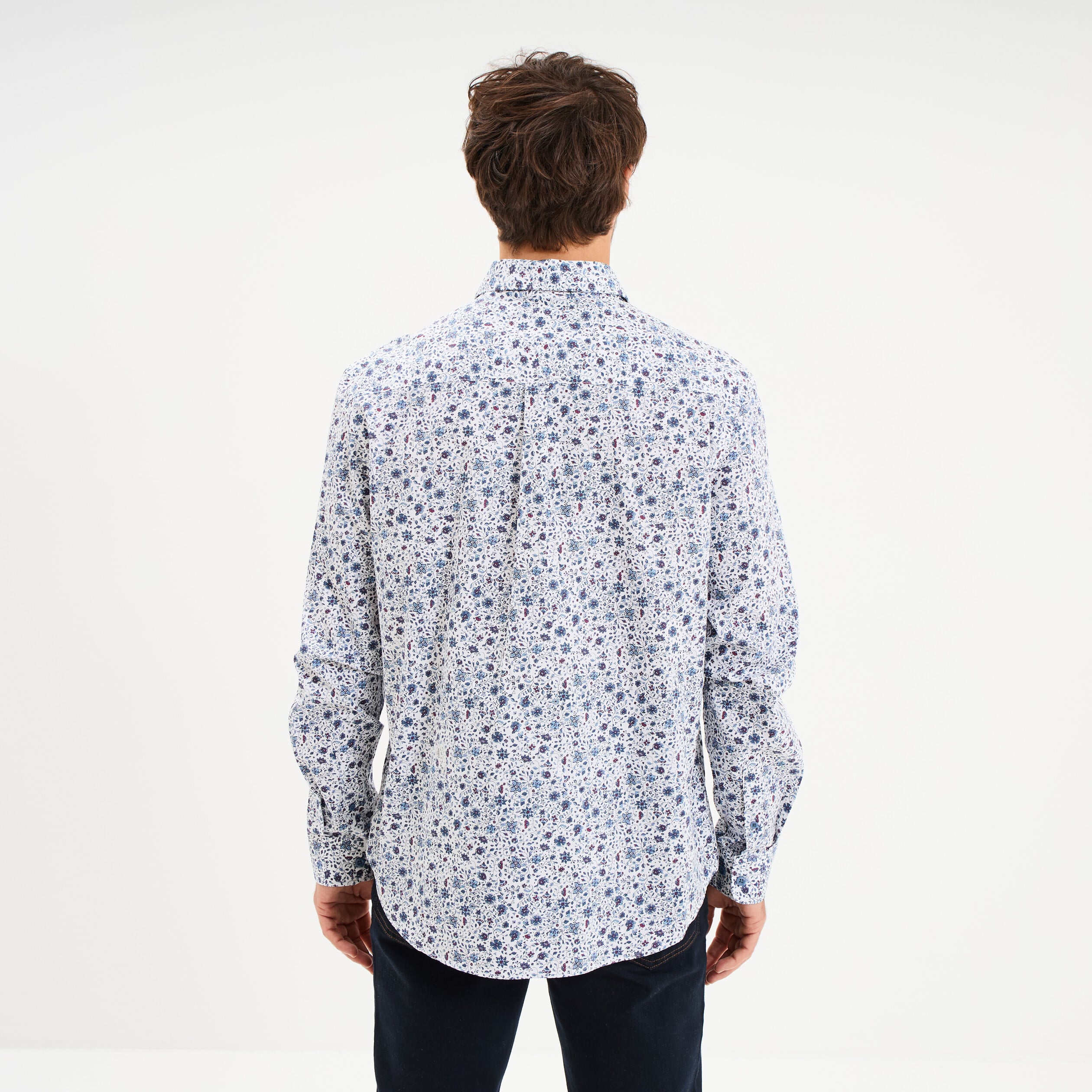 Chemise droite imprim&eacute;e manches longues bleu gris homme