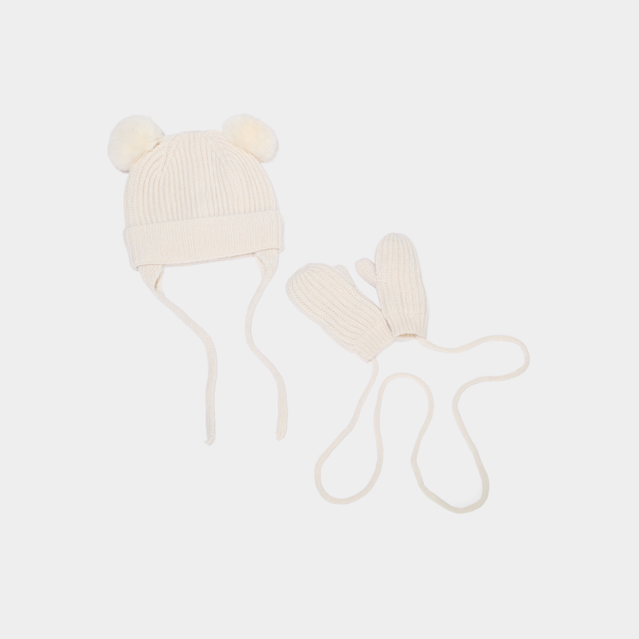 Ensemble bonnet et mouffles avec cordon ivoire mixte