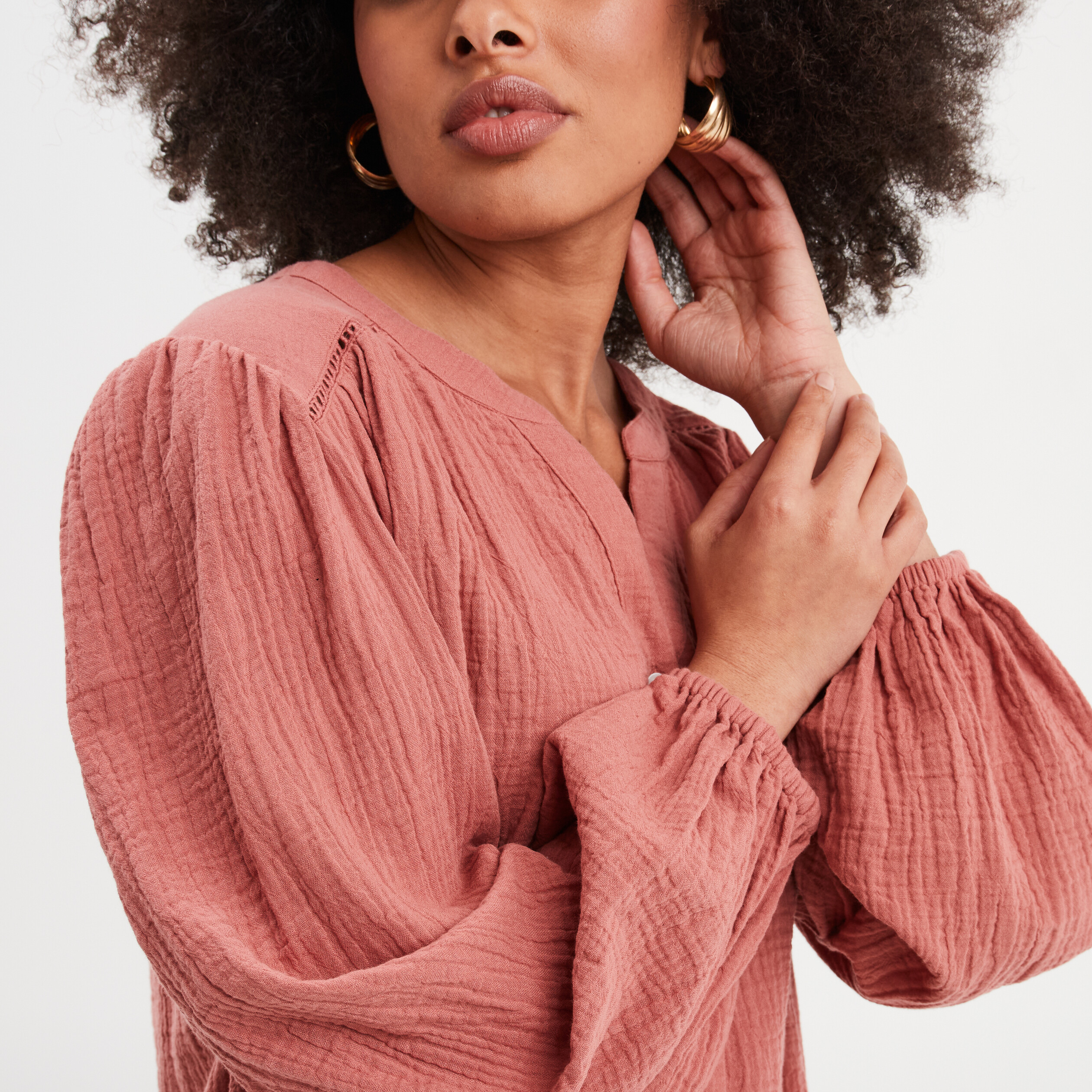 blouse col tunisien gaze de coton creeks vieux rose femme Blouse col tunisien gaze de coton Creeks vieux rose femme