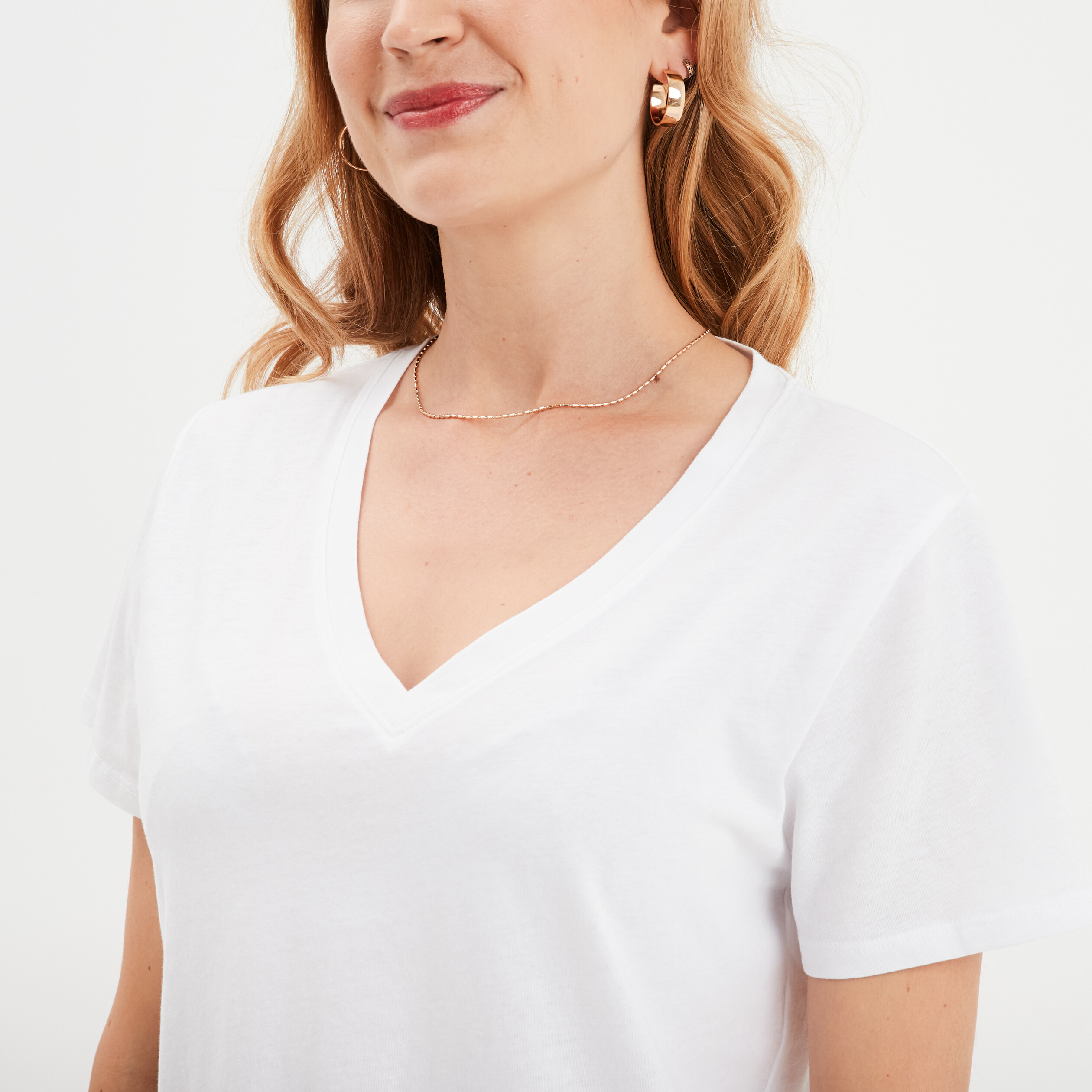 t shirt manches courtes col en v coton blanc femme T-shirt manches courtes col en V coton blanc femme