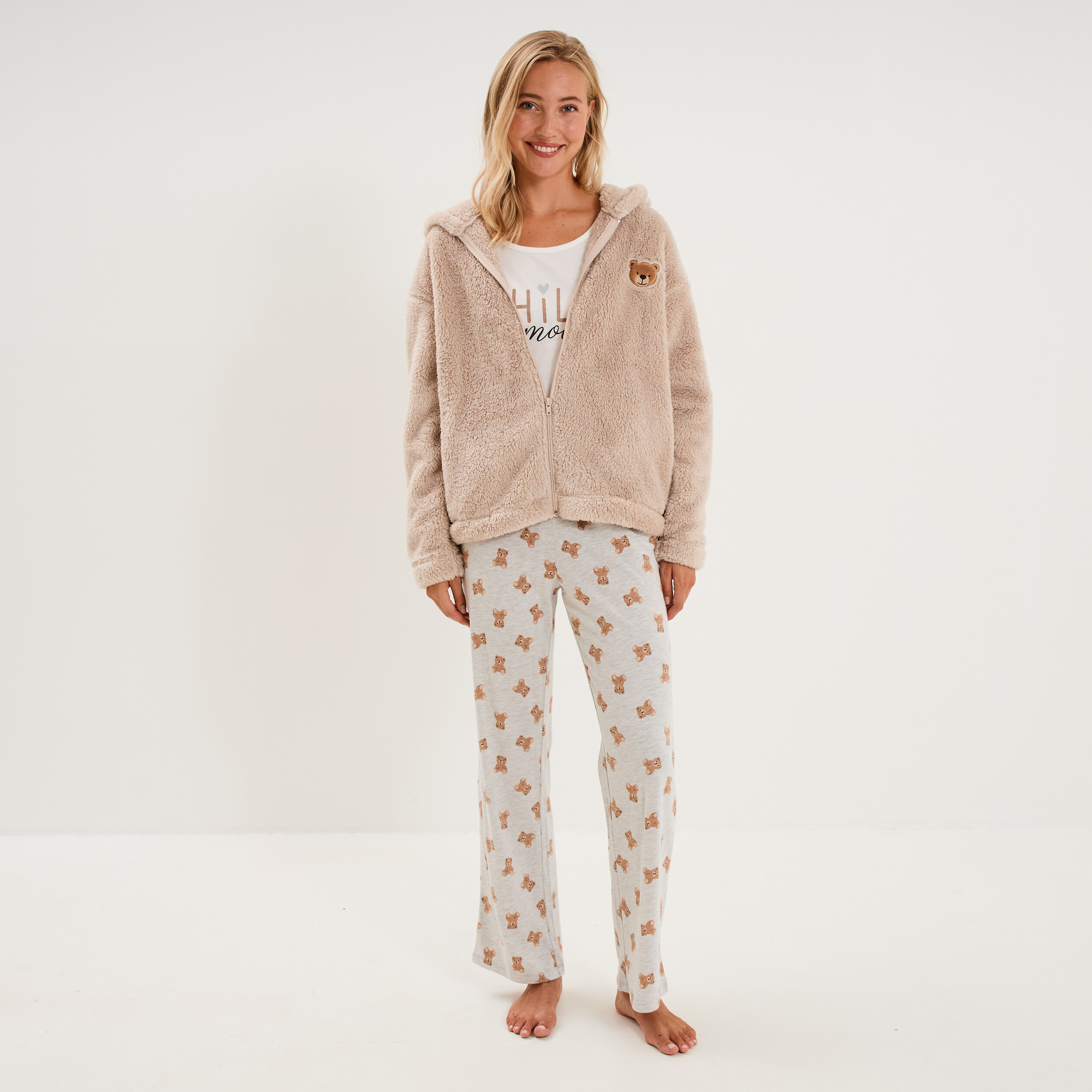 Ensemble pyjama 3 pi&egrave;ces veste polaire ecru femme