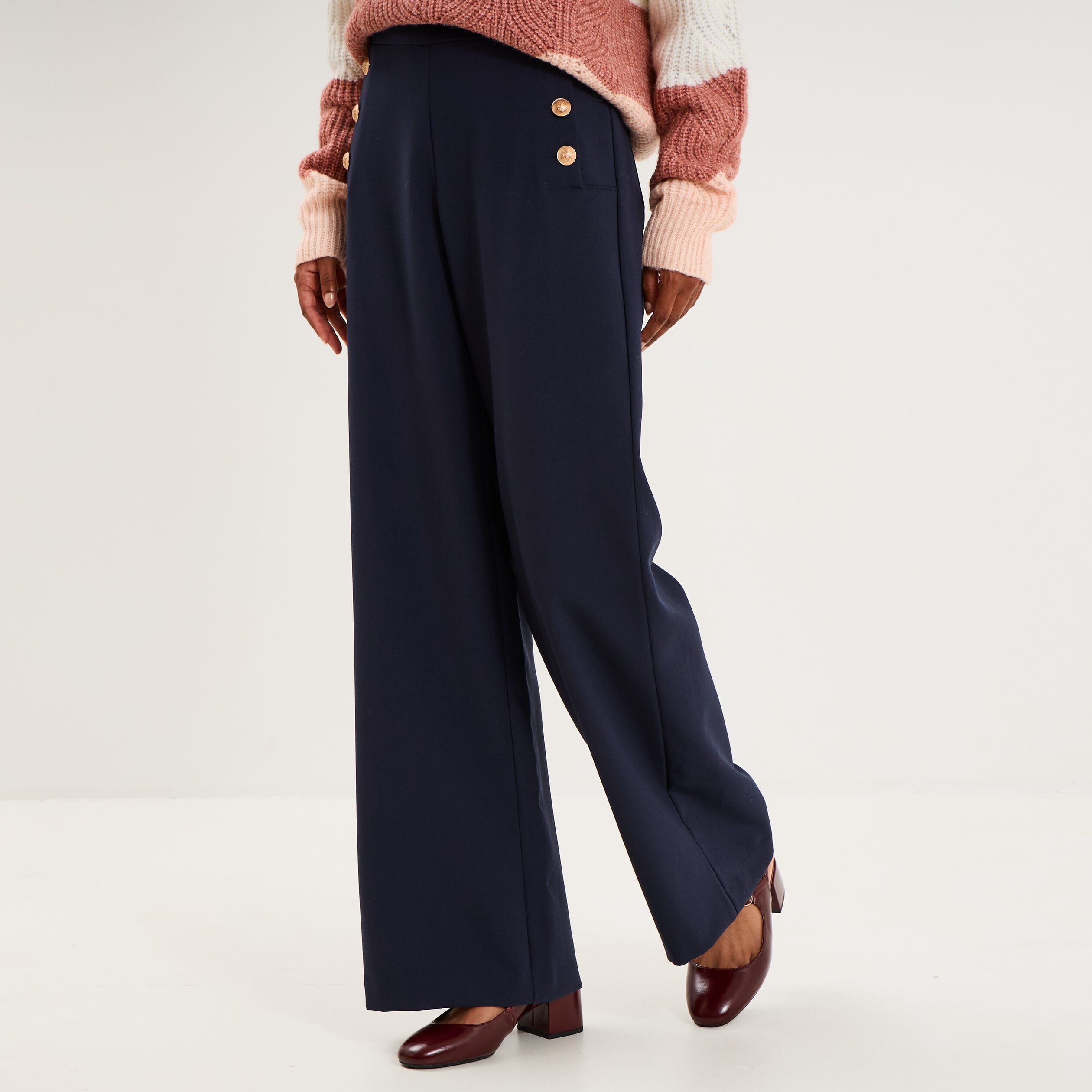 Pantalon wide leg &agrave; pont boutonn&eacute; bleu fonc&eacute; femme