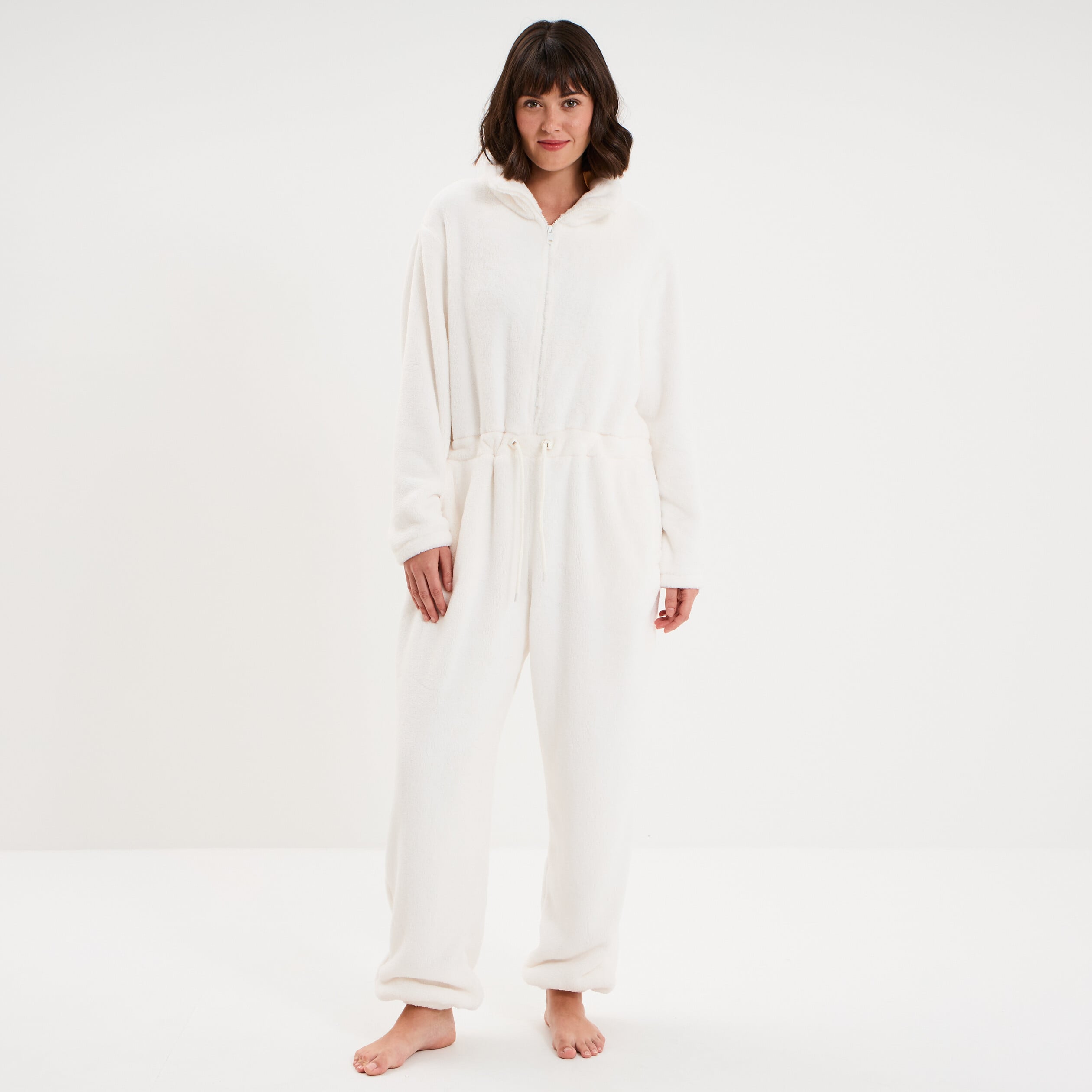 Combinaison polaire zipp&eacute;e &agrave; capuche blanc femme