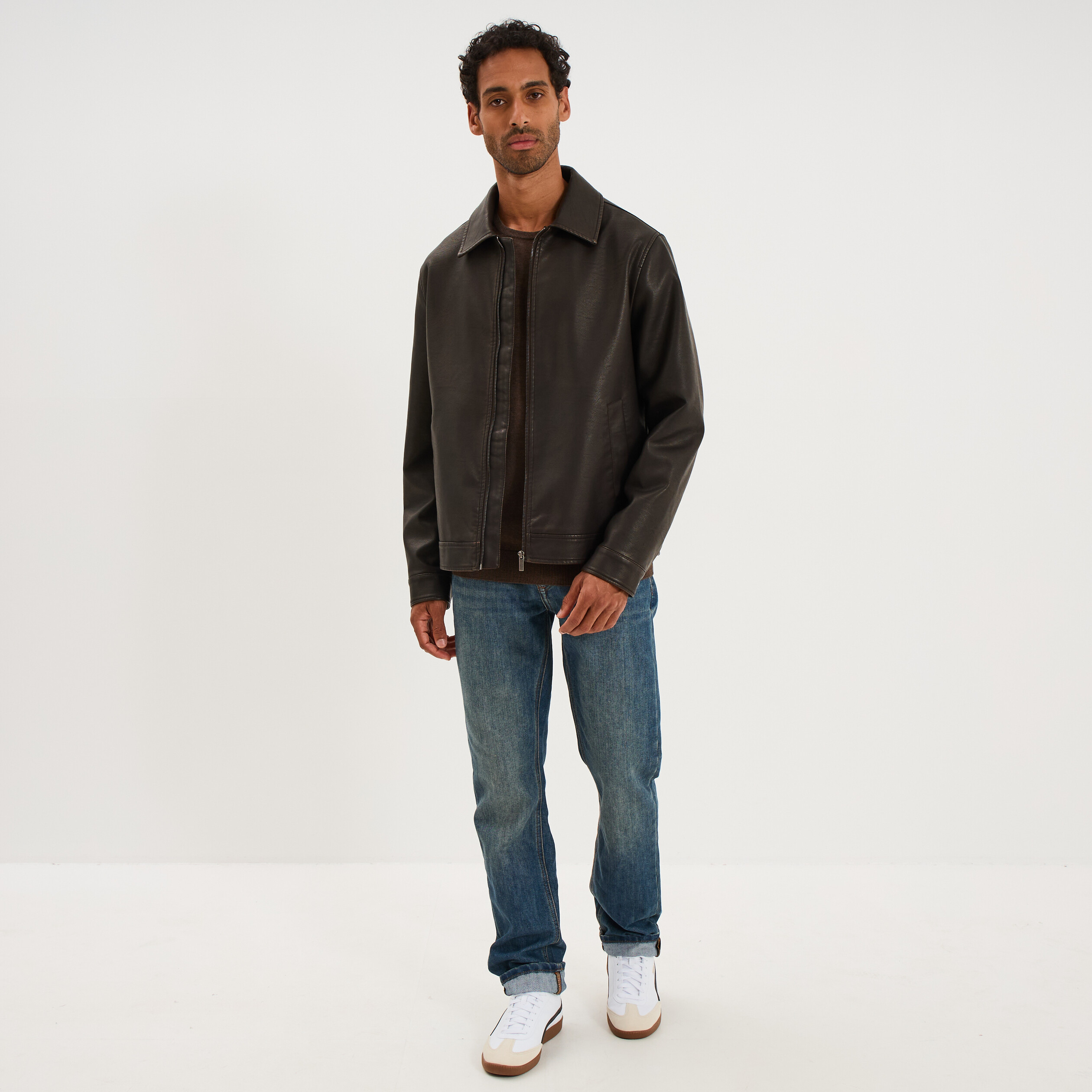 Pull droit col rond coton m&eacute;lang&eacute; marron chocolat homme