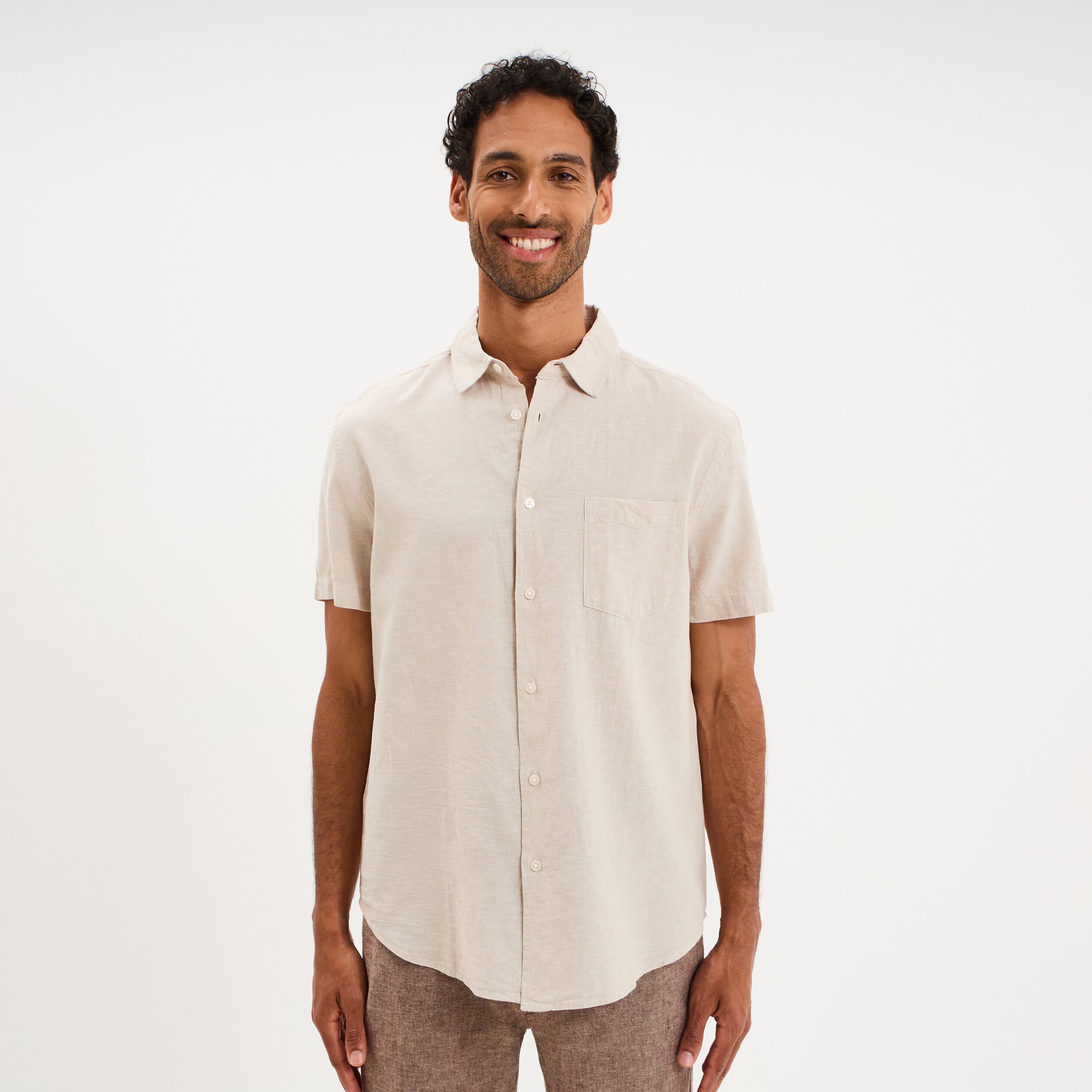 Chemise manches courtes lin m&eacute;lang&eacute; gris clair homme