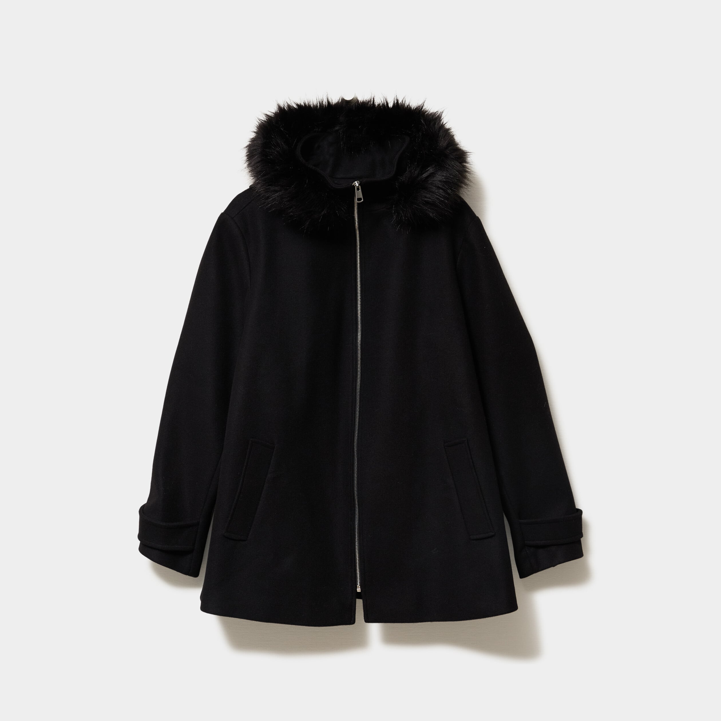 Manteau zipp&eacute; &agrave; capuche fausse fourrure noir femme grande taille