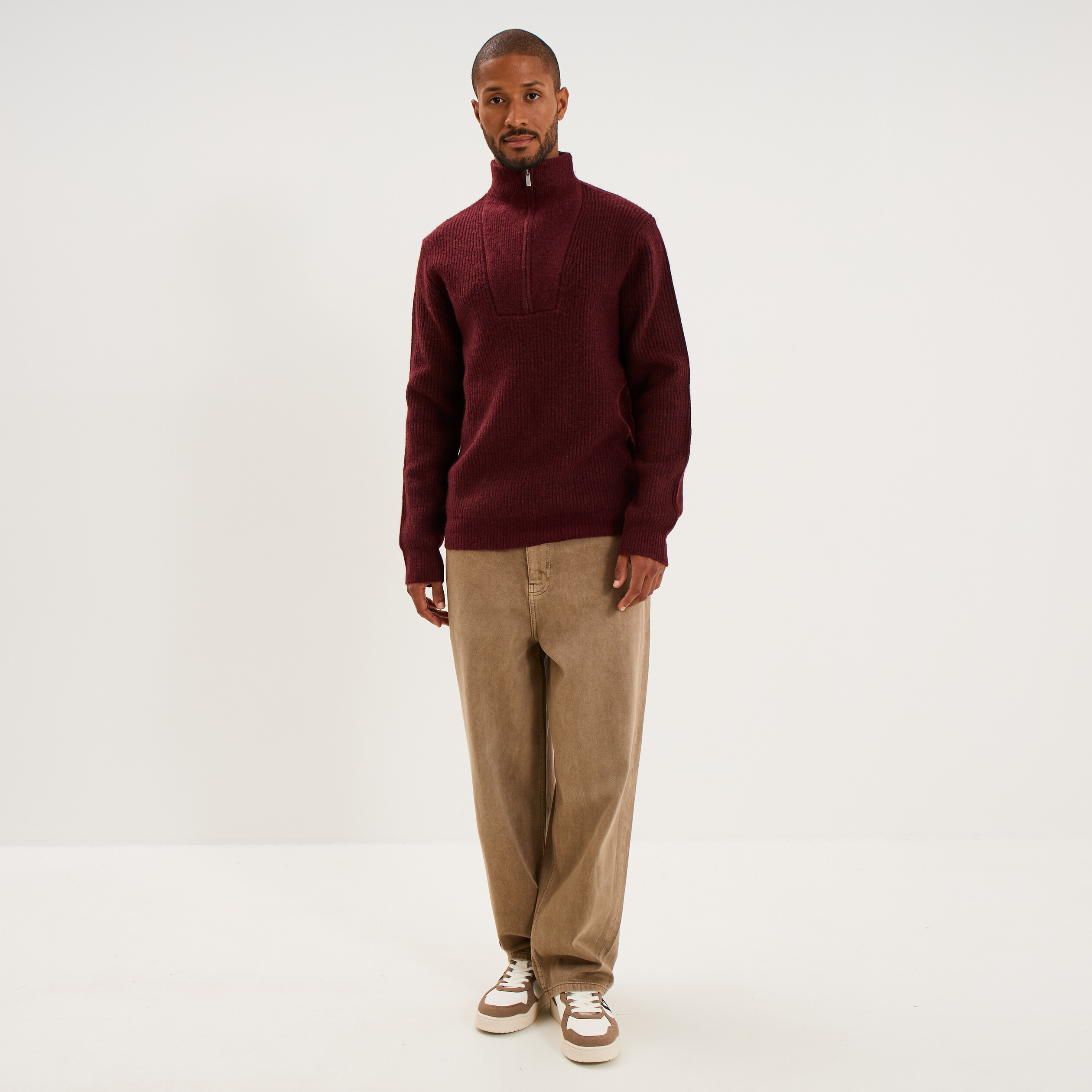 Pull avec col camionneur c&ocirc;tel&eacute; prune homme