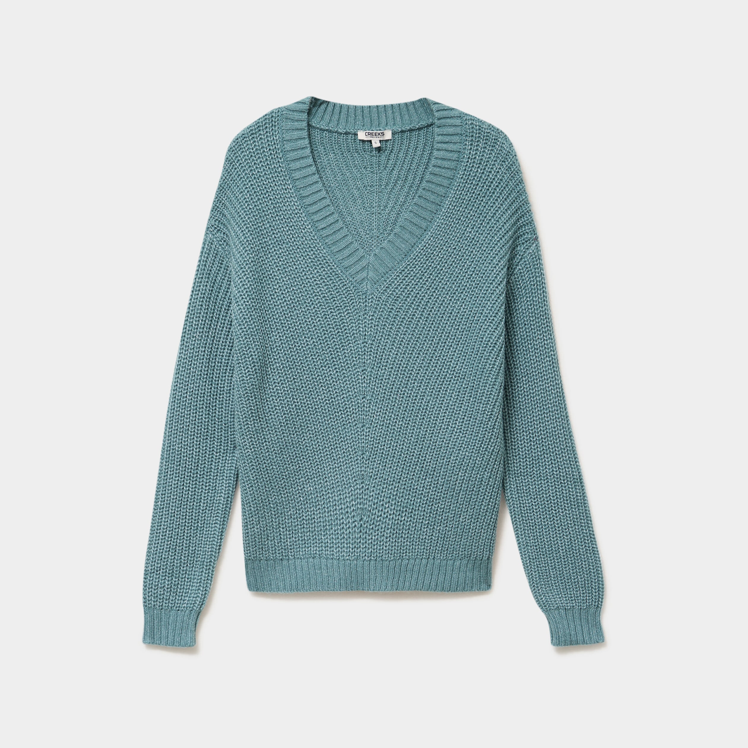 Pull col en V bleu canard femme