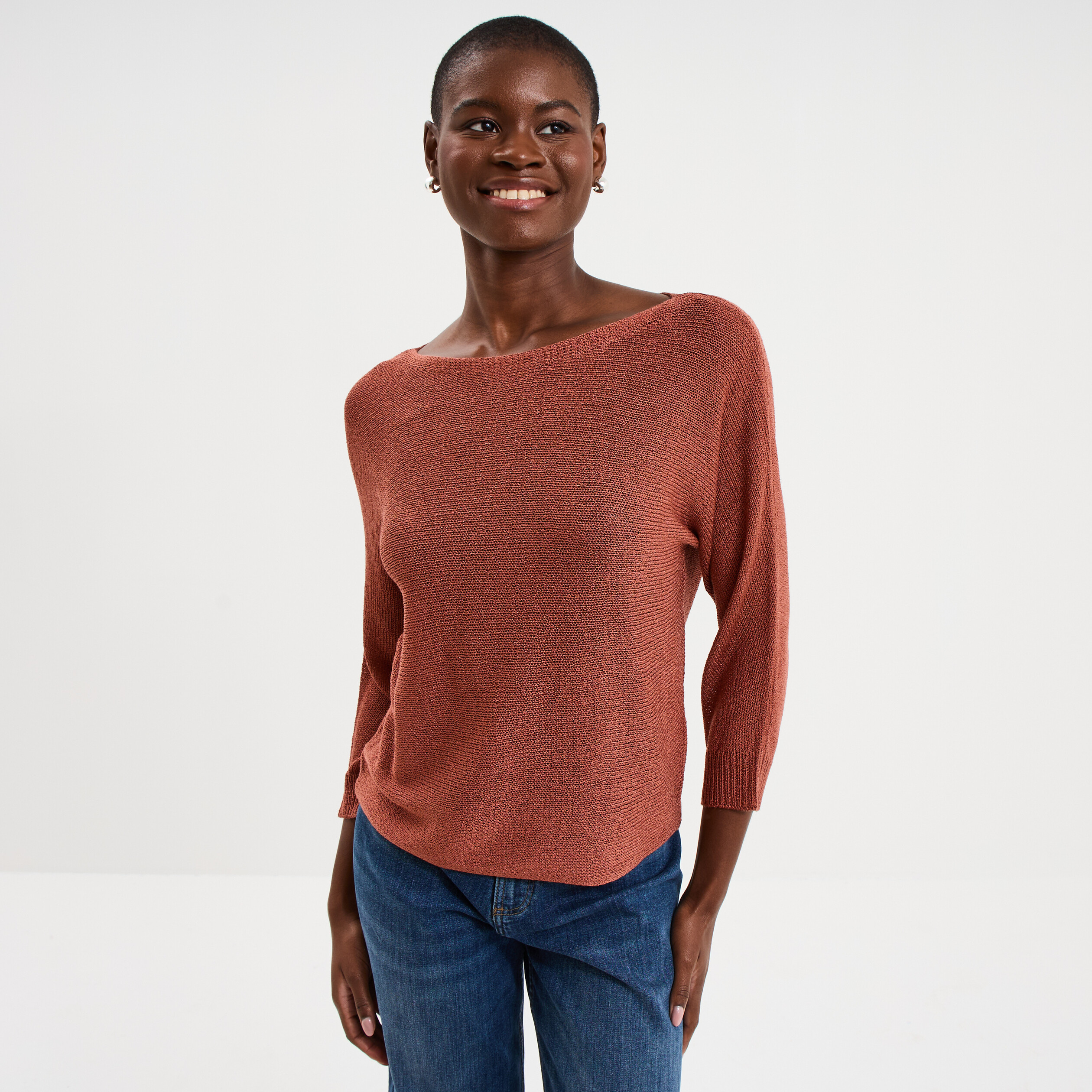 Pull droit col rond manches longues vieux rose femme