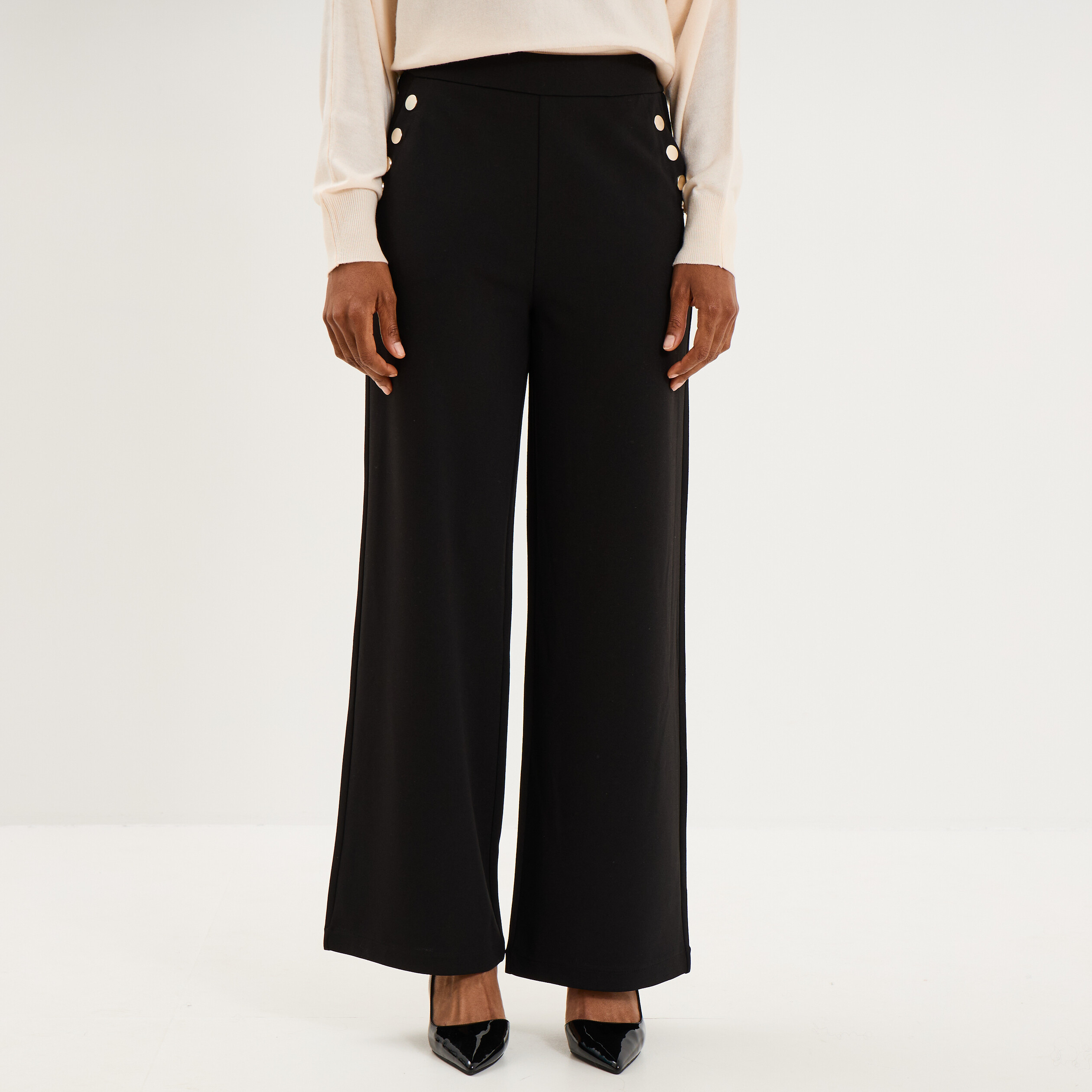 Pantalon &agrave; ponts flare effet cr&ecirc;pe noir femme