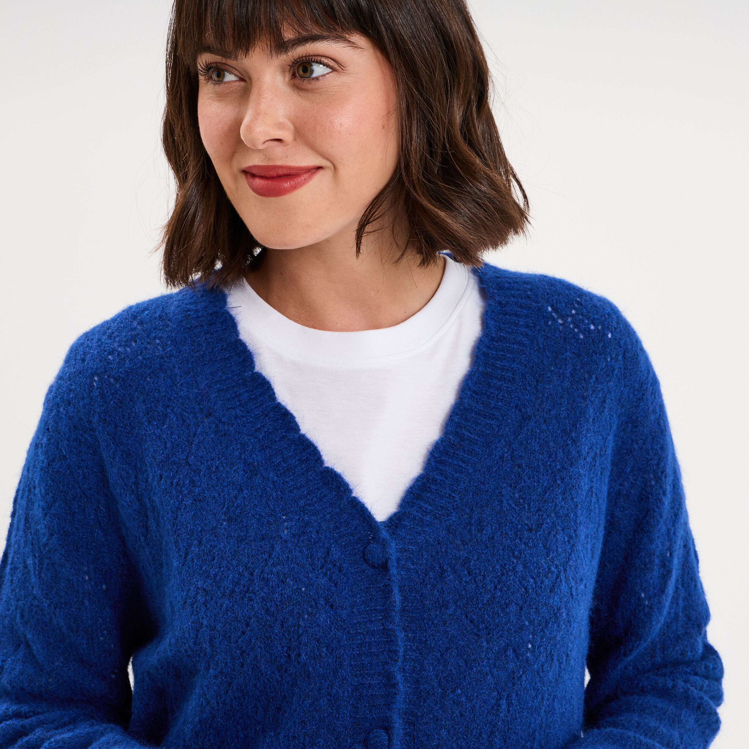 Gilet cardigan ajour&eacute; manches longues bleu roi femme
