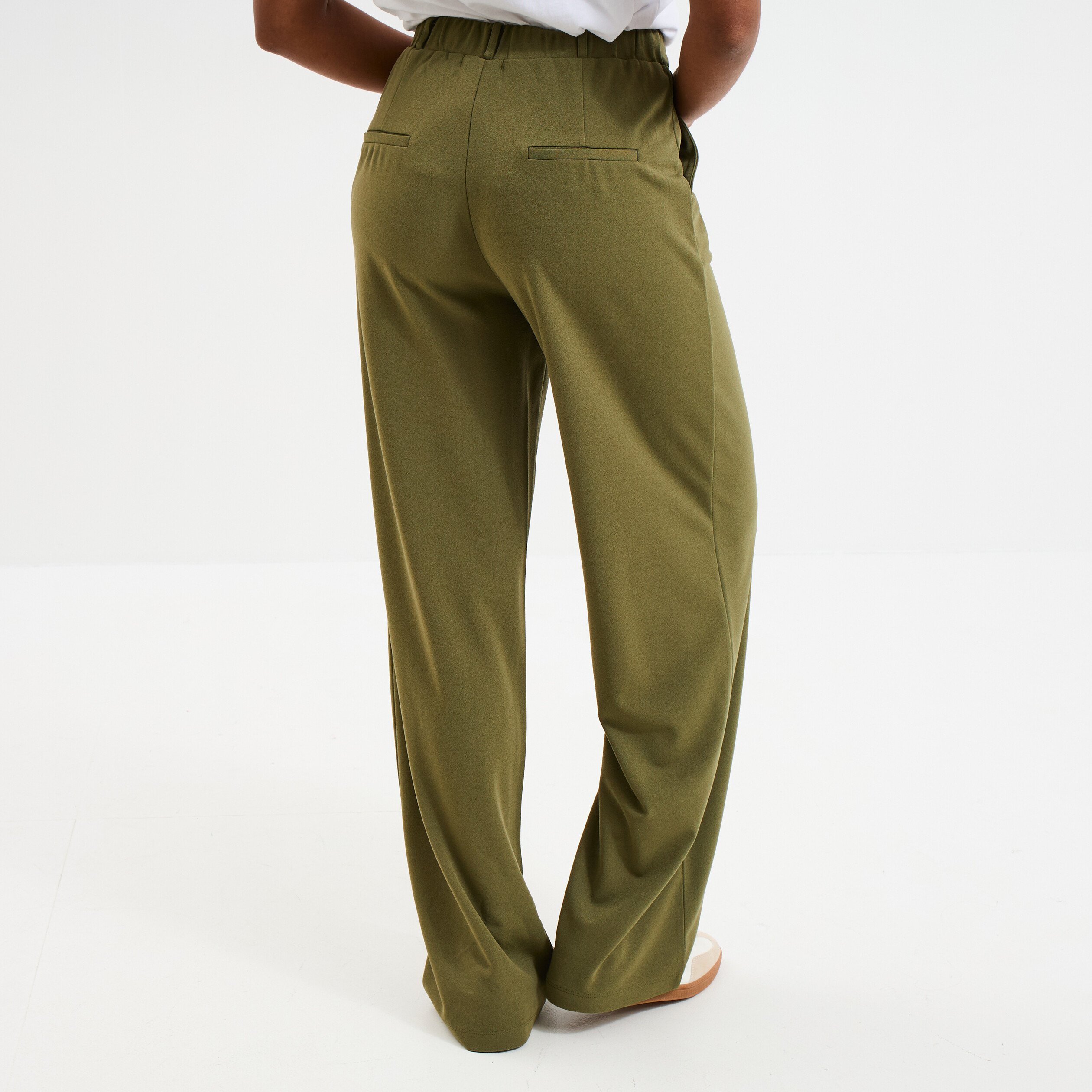 pantalon large fluide taille elastiquee vert kaki femme Pantalon large fluide taille élastiquée vert kaki femme