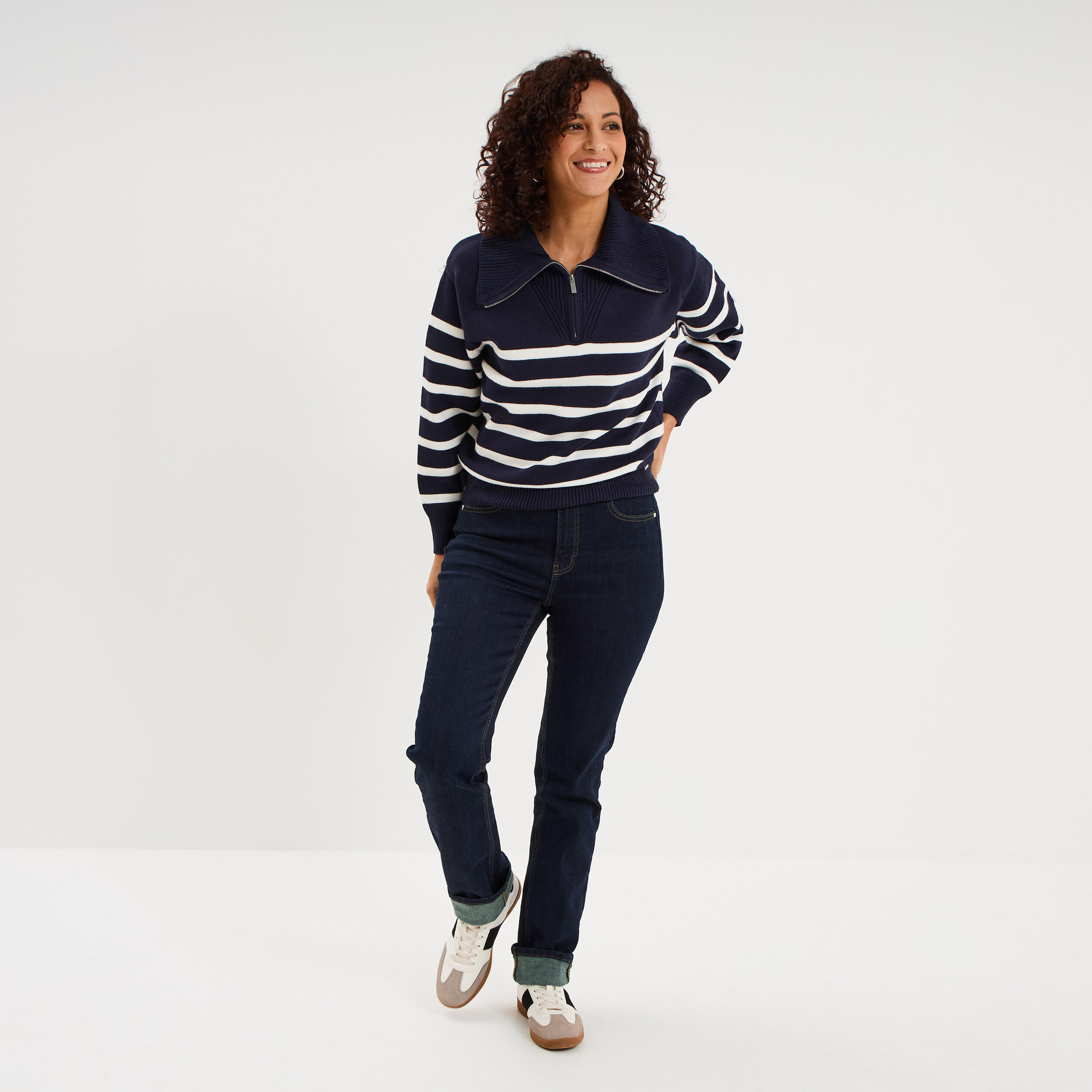 Pull col camionneur zipp&eacute; bleu marine femme