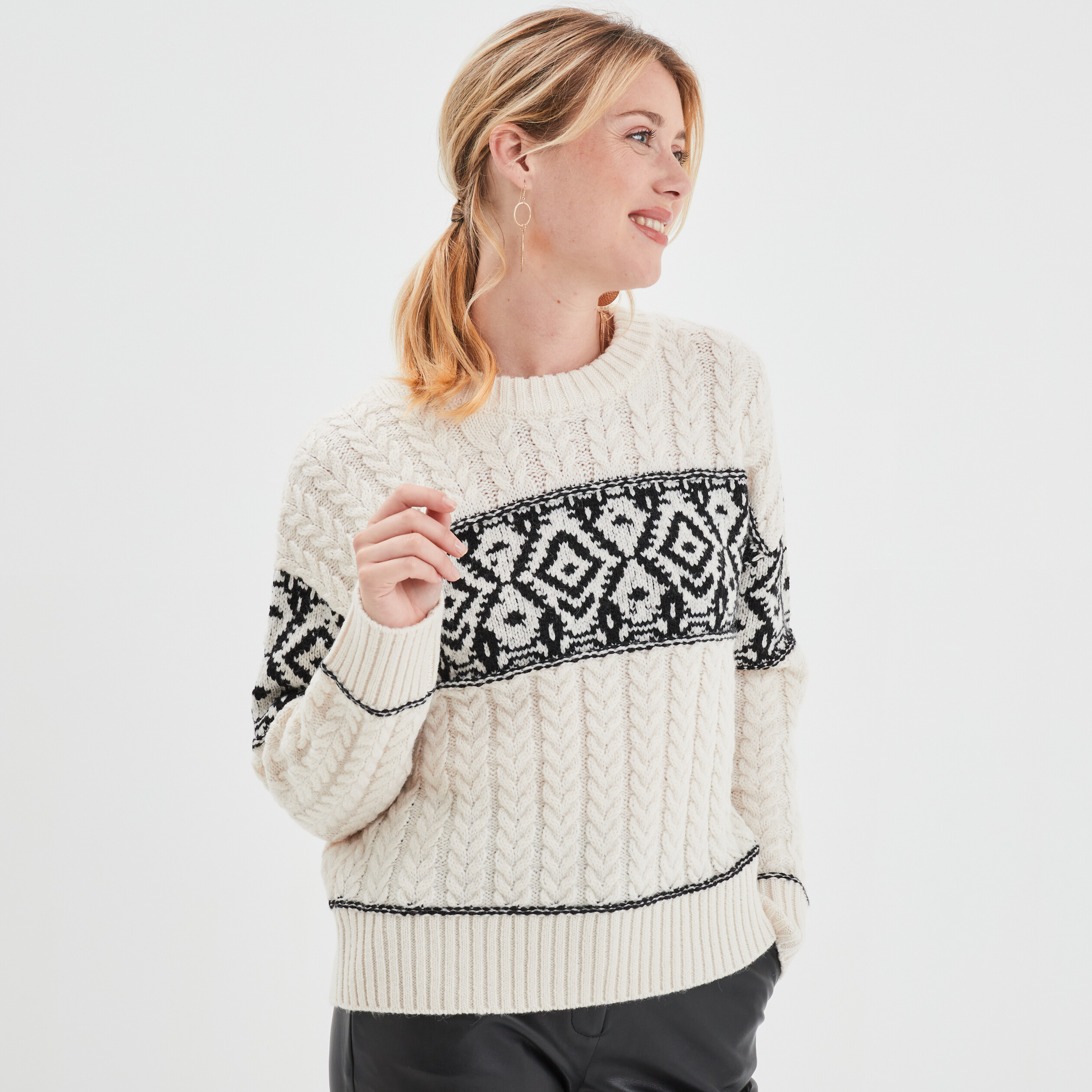 Pull torsadé et perlé Femme - Ecru