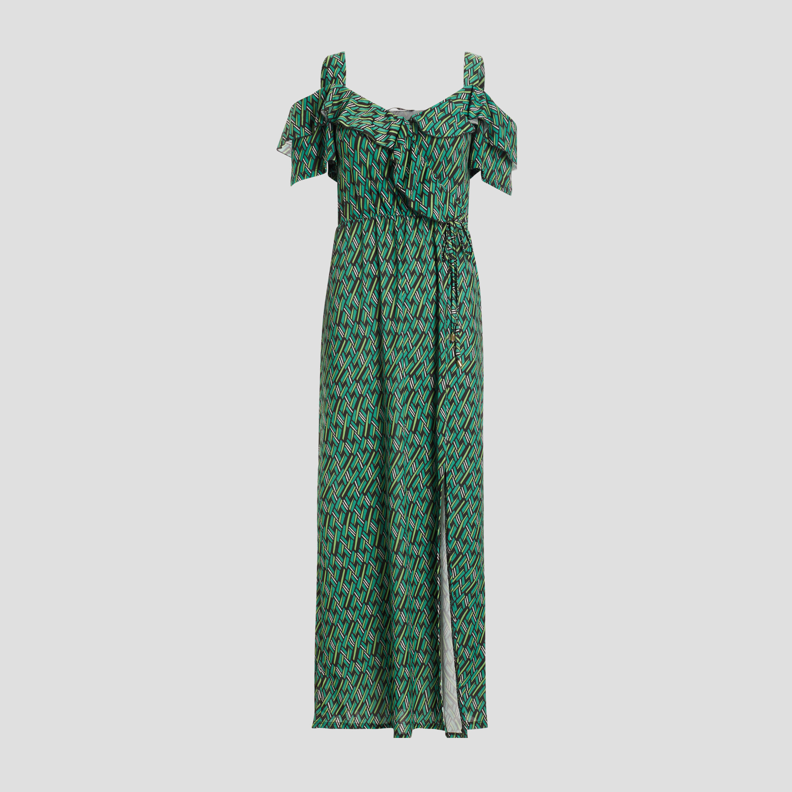 Robe longue droite à volants vert femme