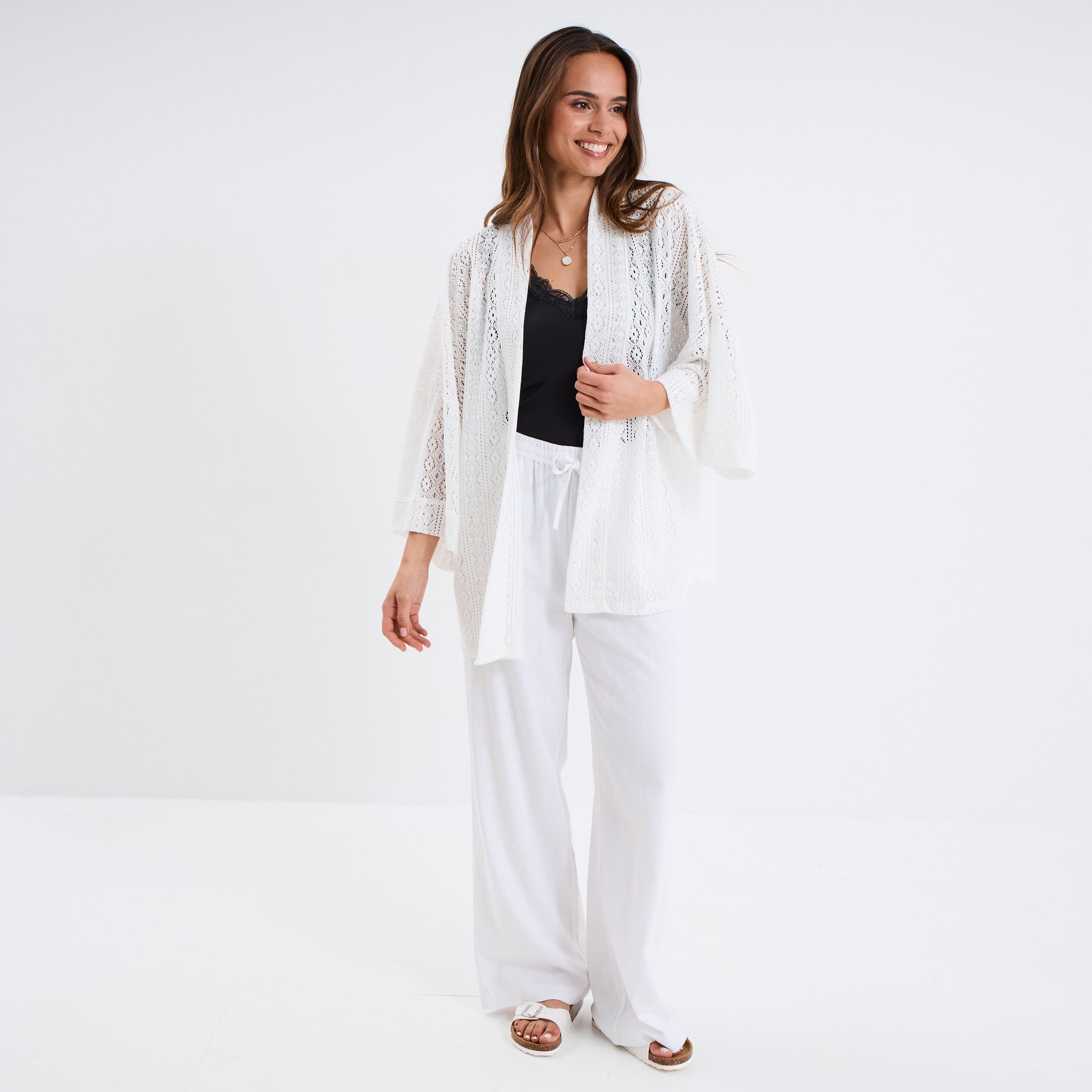 Veste ample esprit kimono dentelle blanc femme