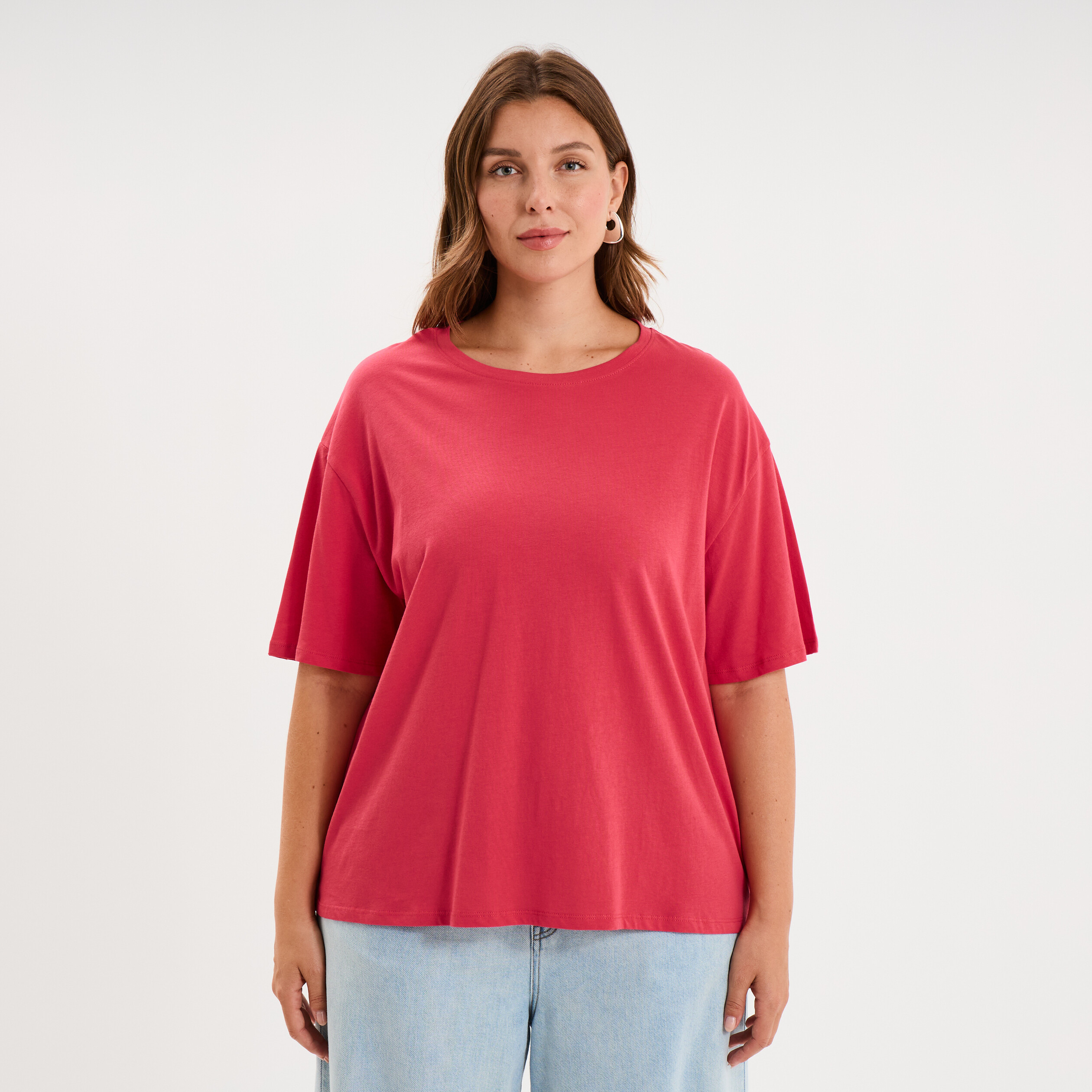 T-shirt col rond manches courtes coton rose cerise femme grande taille