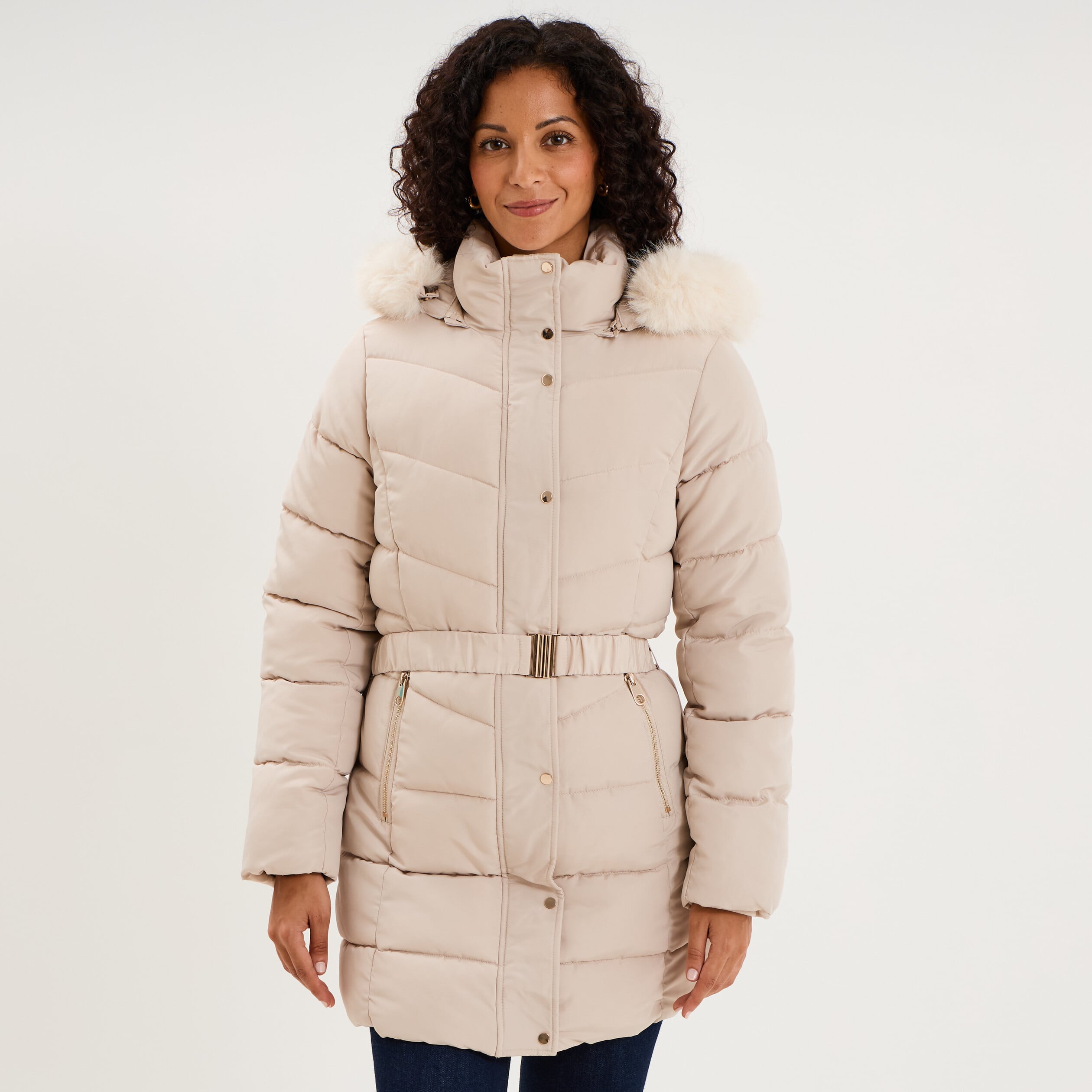 Doudoune mi-longue ceintur&eacute;e &agrave; capuche beige femme