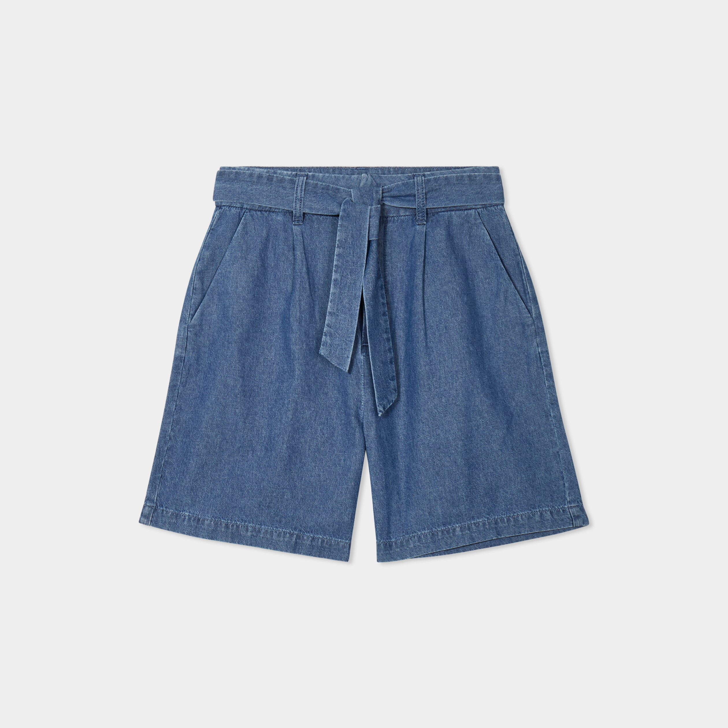 Short large jean coton ceinture à nouer denim double stone femme