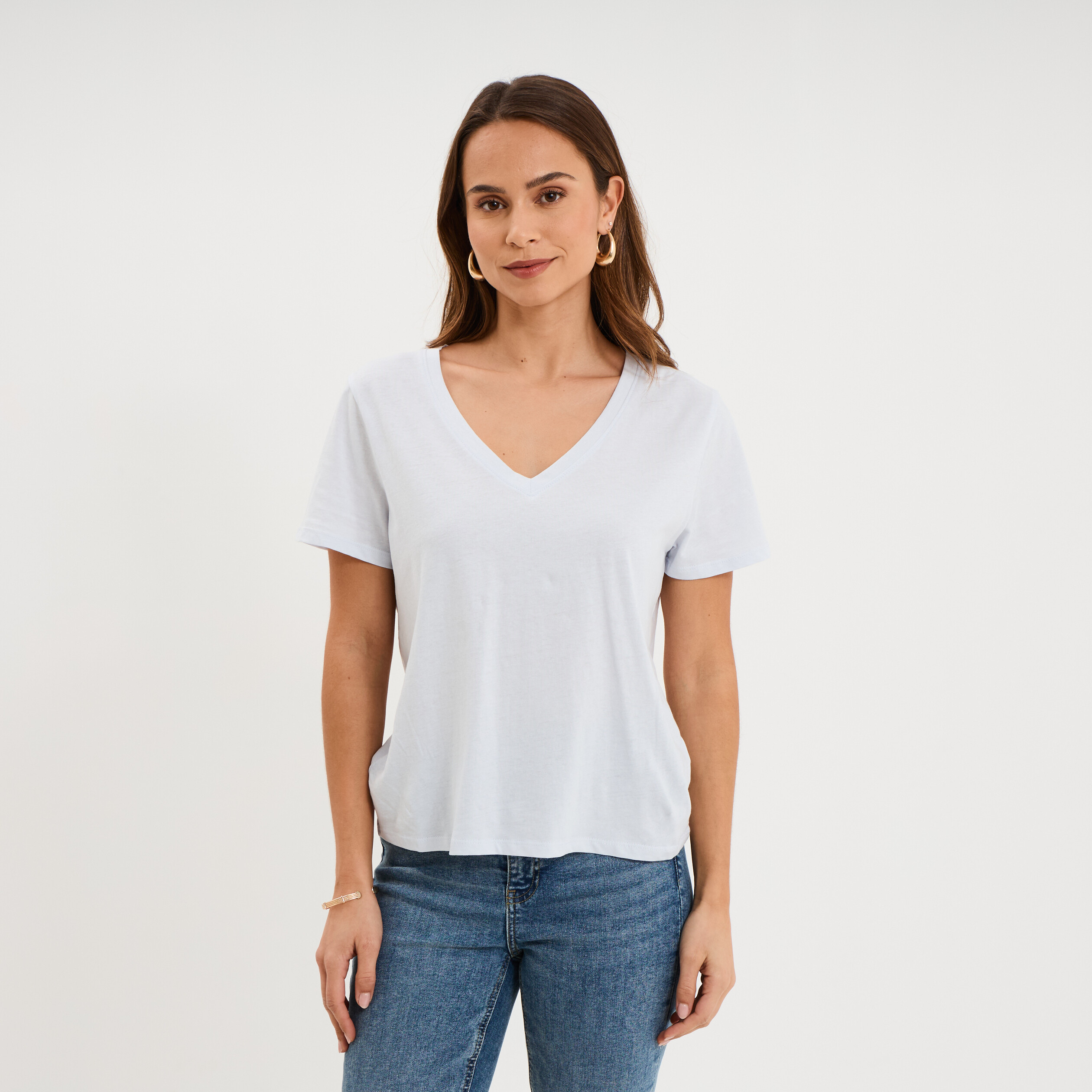 T-shirt manches courtes col en V coton bleu clair femme
