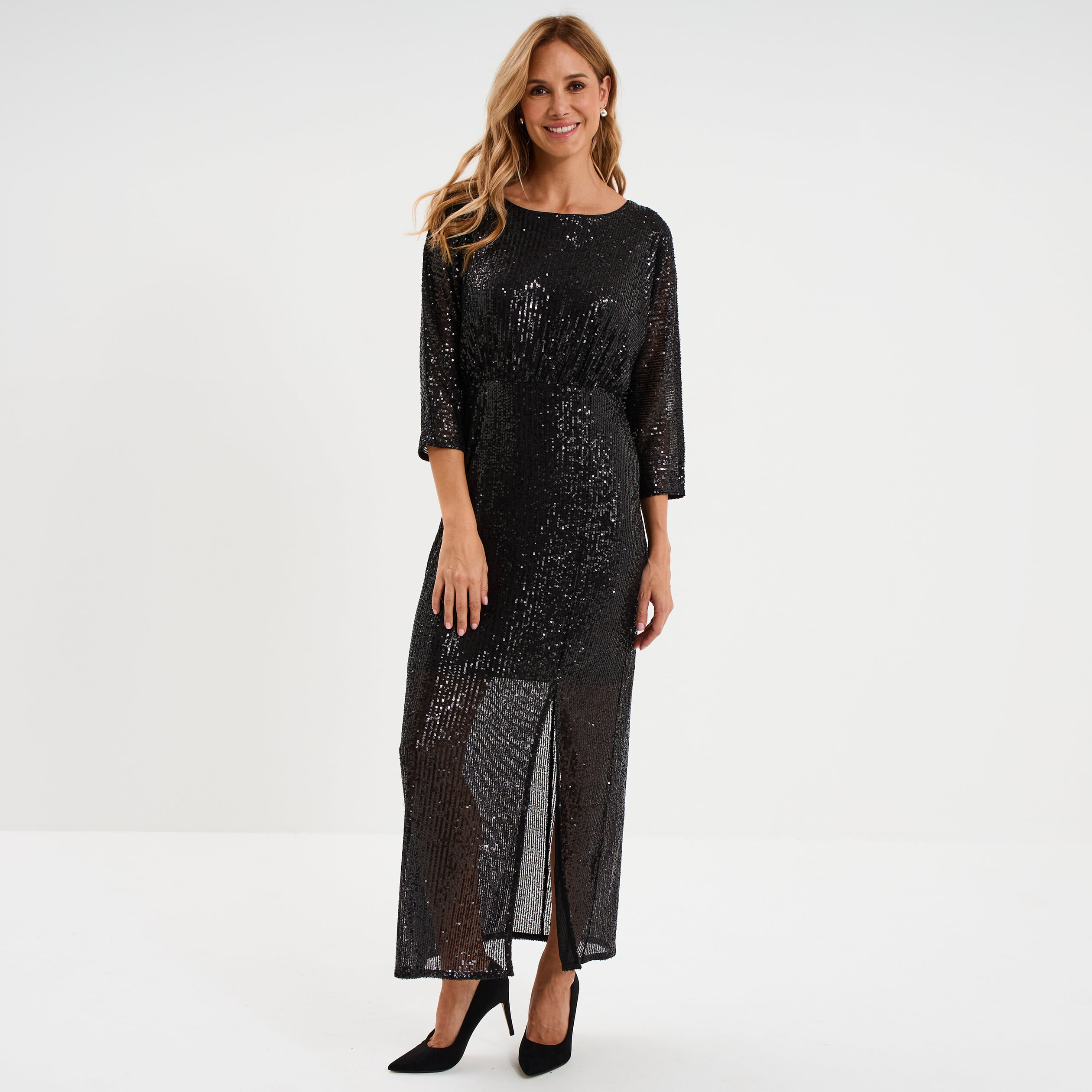 Robe longue fendue &agrave; sequins noir femme