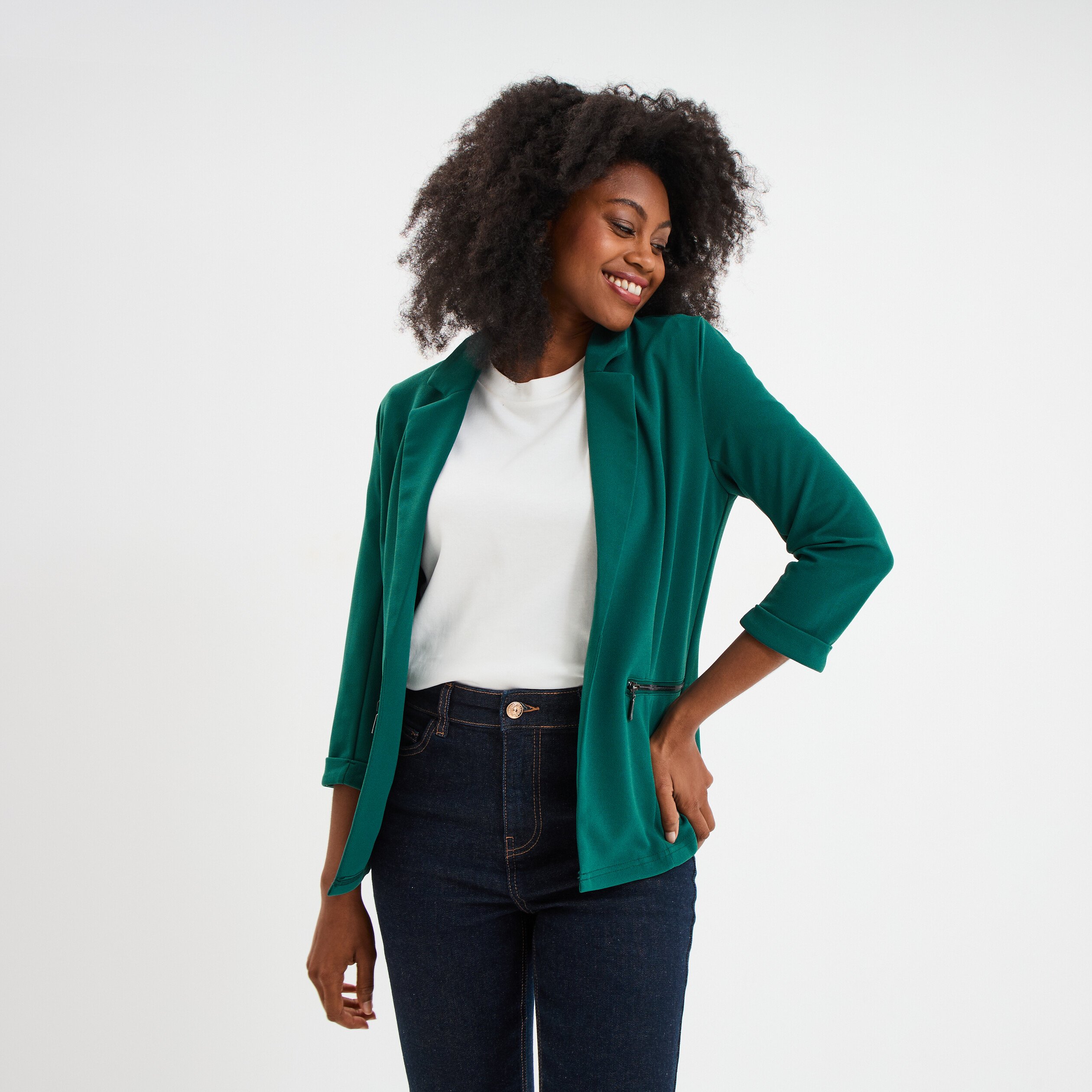 veste blazer cintre manches 34 vert fonce femme Veste blazer cintré manches 3/4 vert foncé femme
