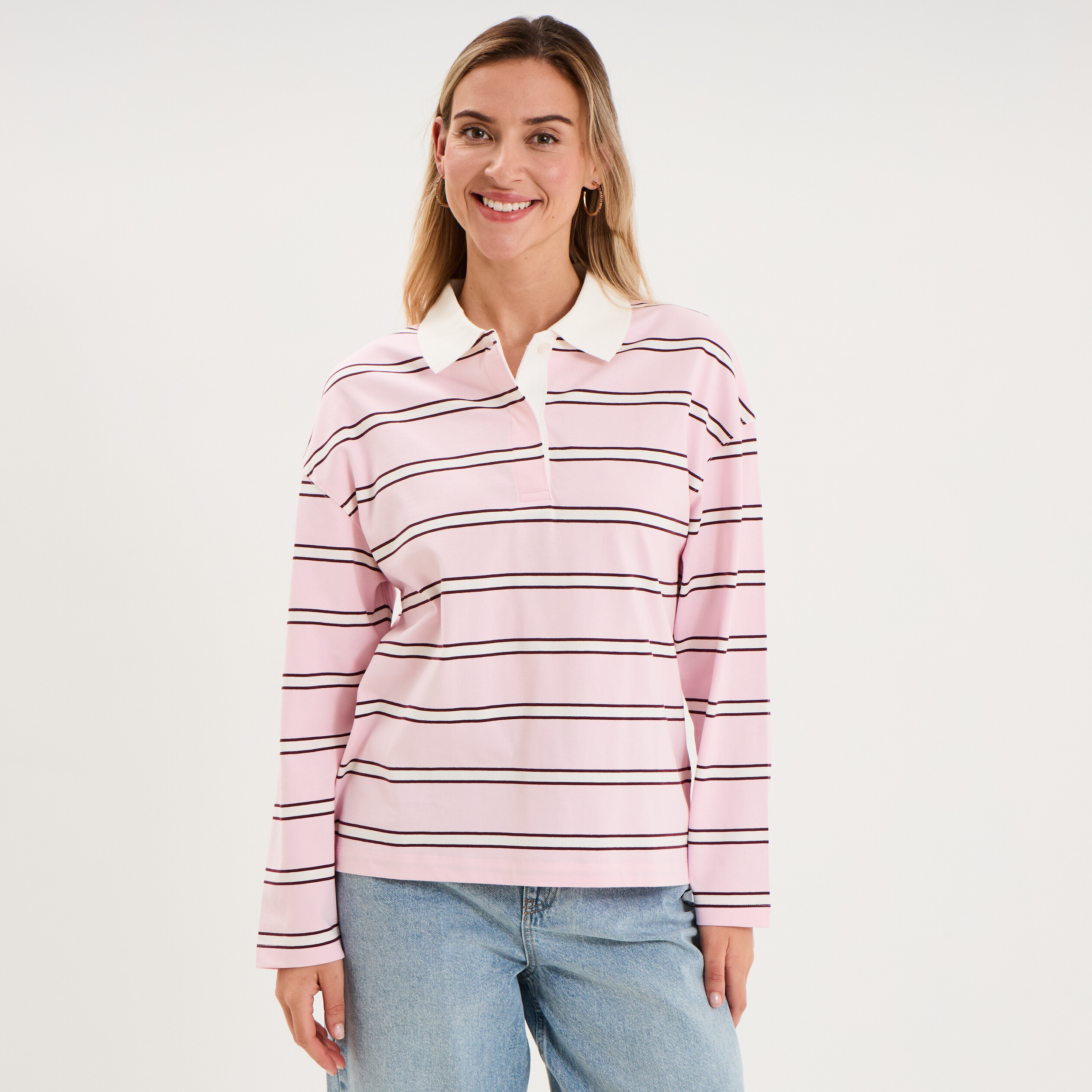 Polo manches longues coton rose pastel femme