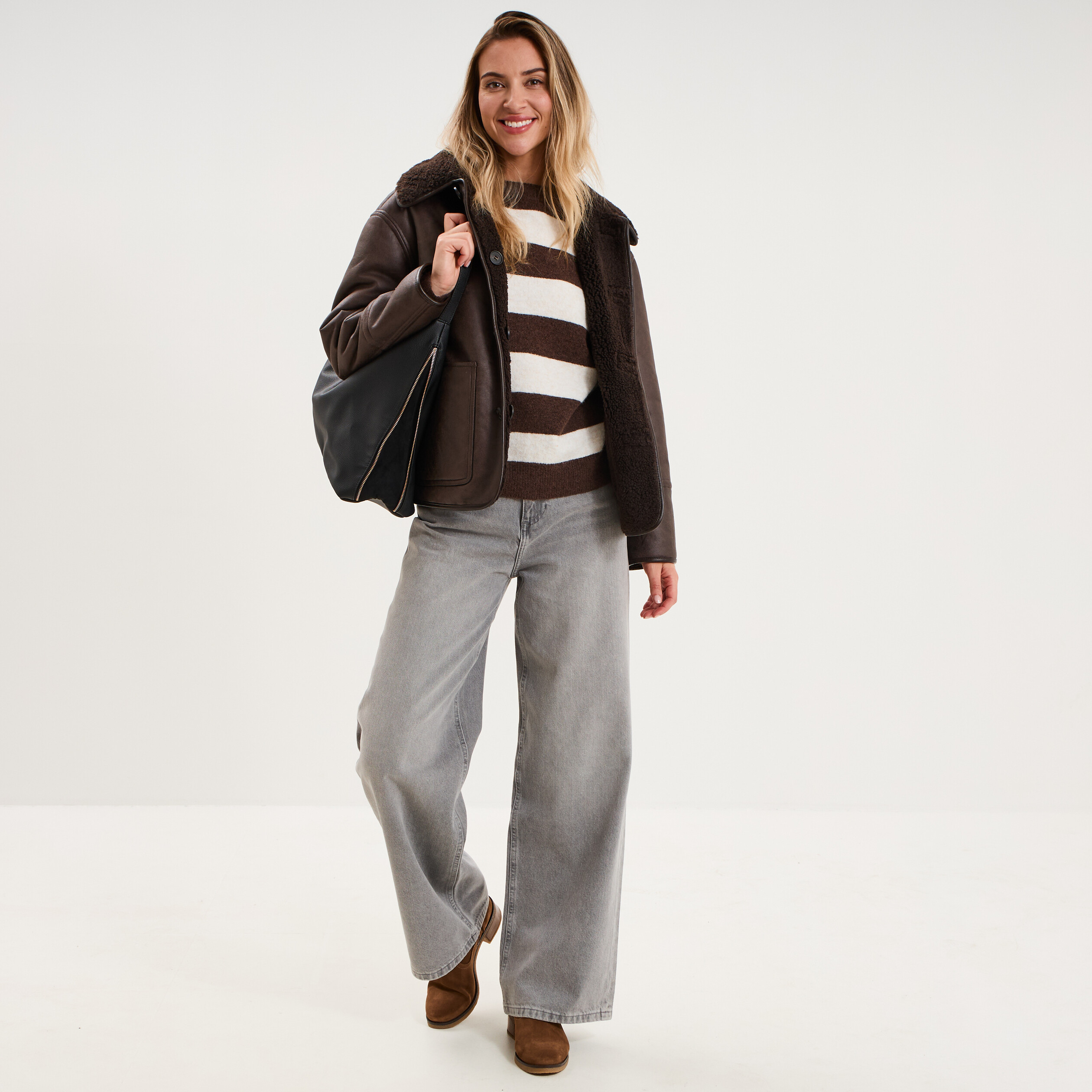 Pull col rond avec manches longues ecru femme