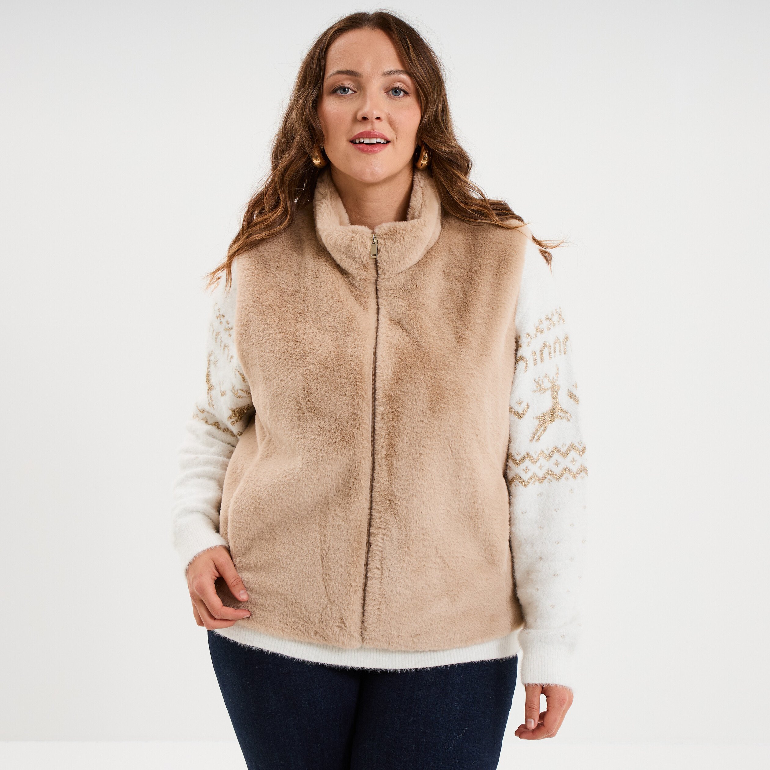 Veste fausse fourrure sans manches beige femme grande taille La