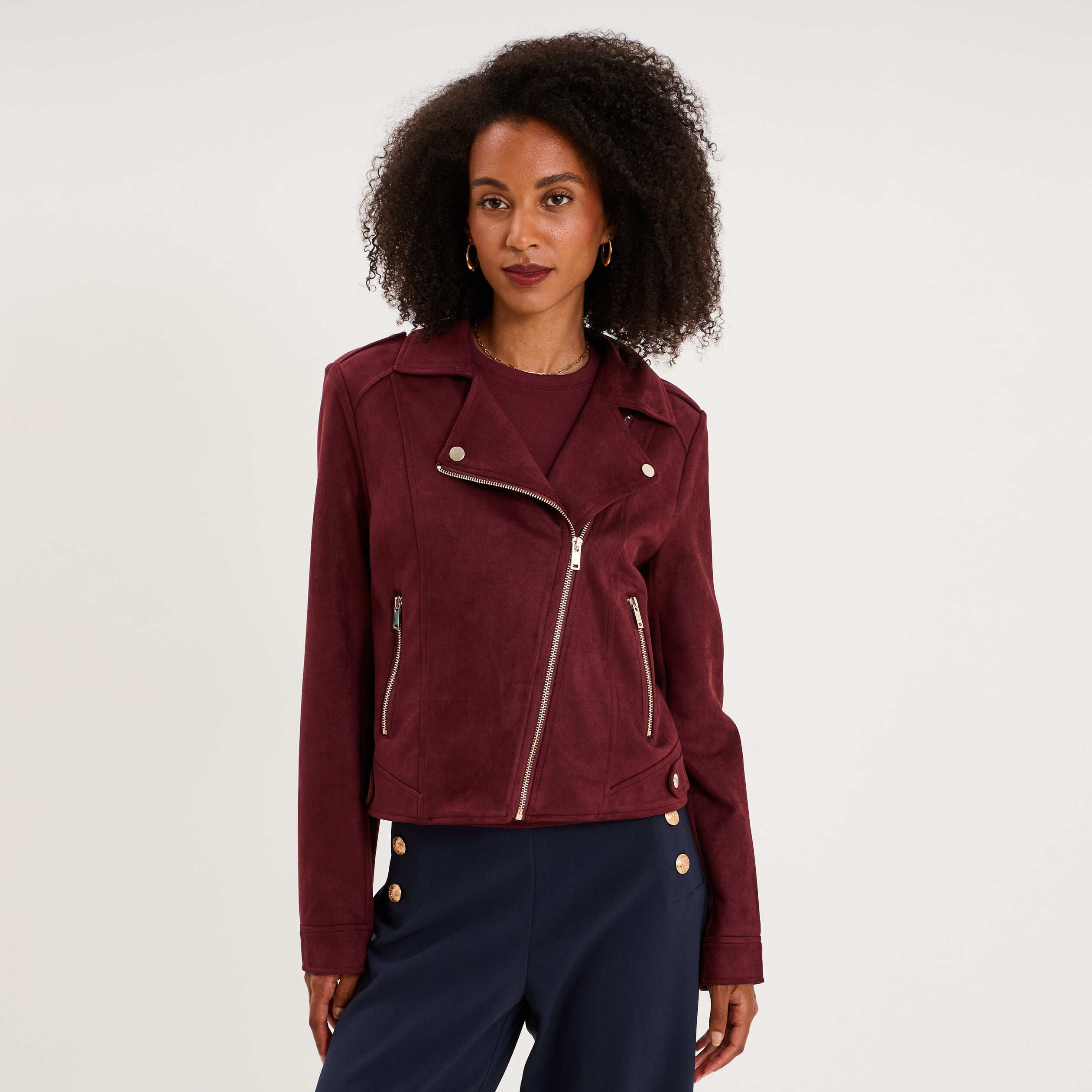 Veste biker en su&eacute;dine ajust&eacute;e violet fonc&eacute; femme