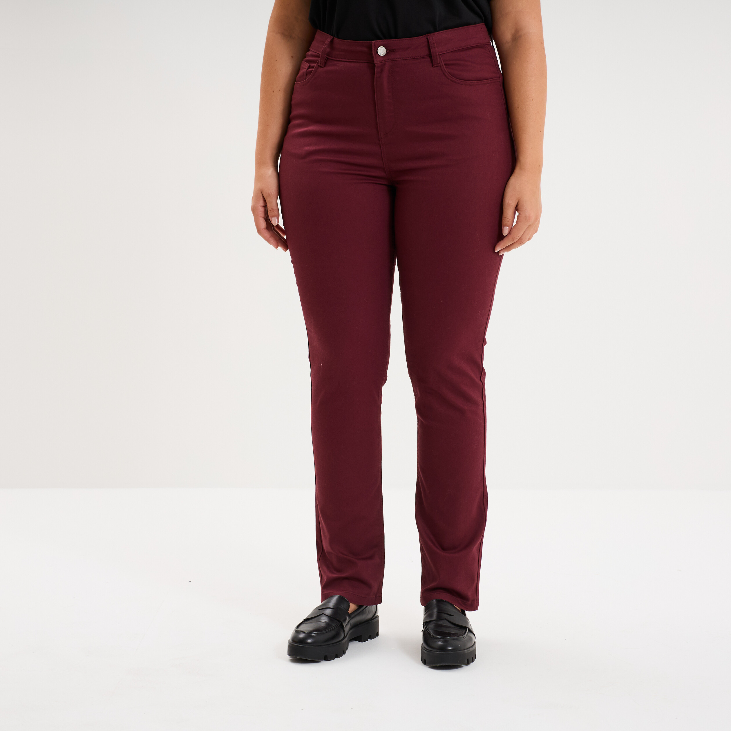 Pantalon droit taille haute extensible violet fonc&eacute; femme grande taille