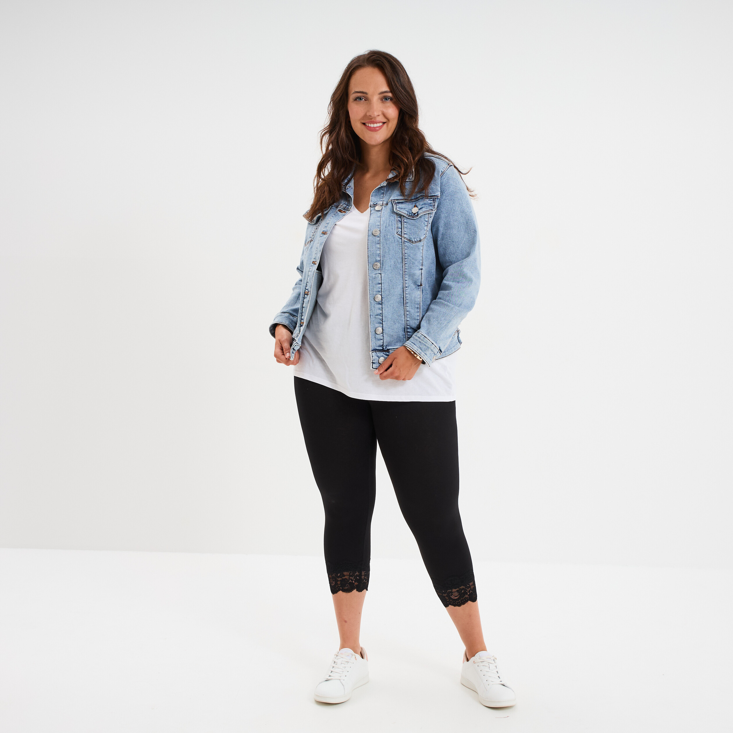 Legging 7/8&egrave;me bandes dentelle noir femme grande taille