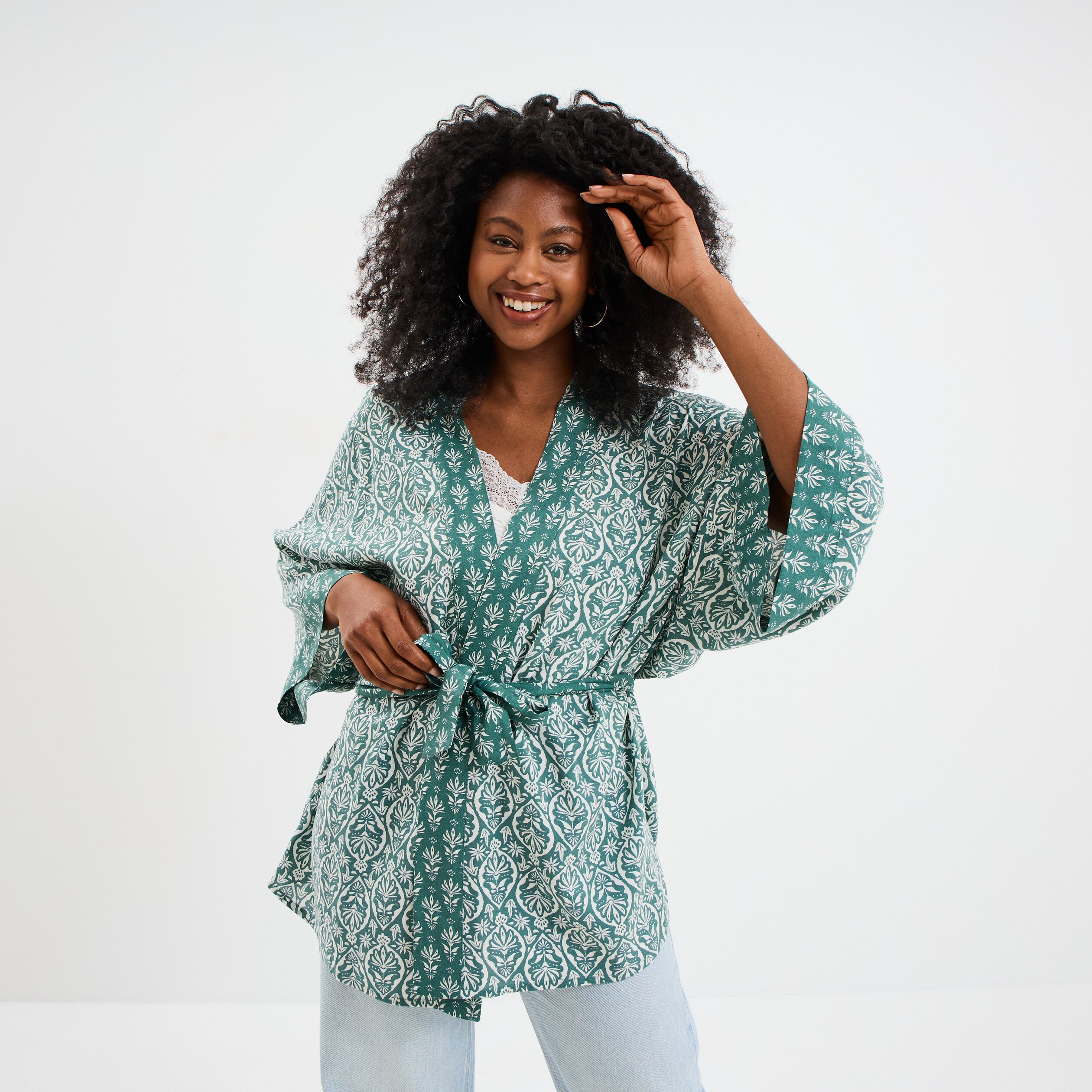 veste kimono manches 34 vert turquoise femme Veste kimono manches 3/4 vert turquoise femme